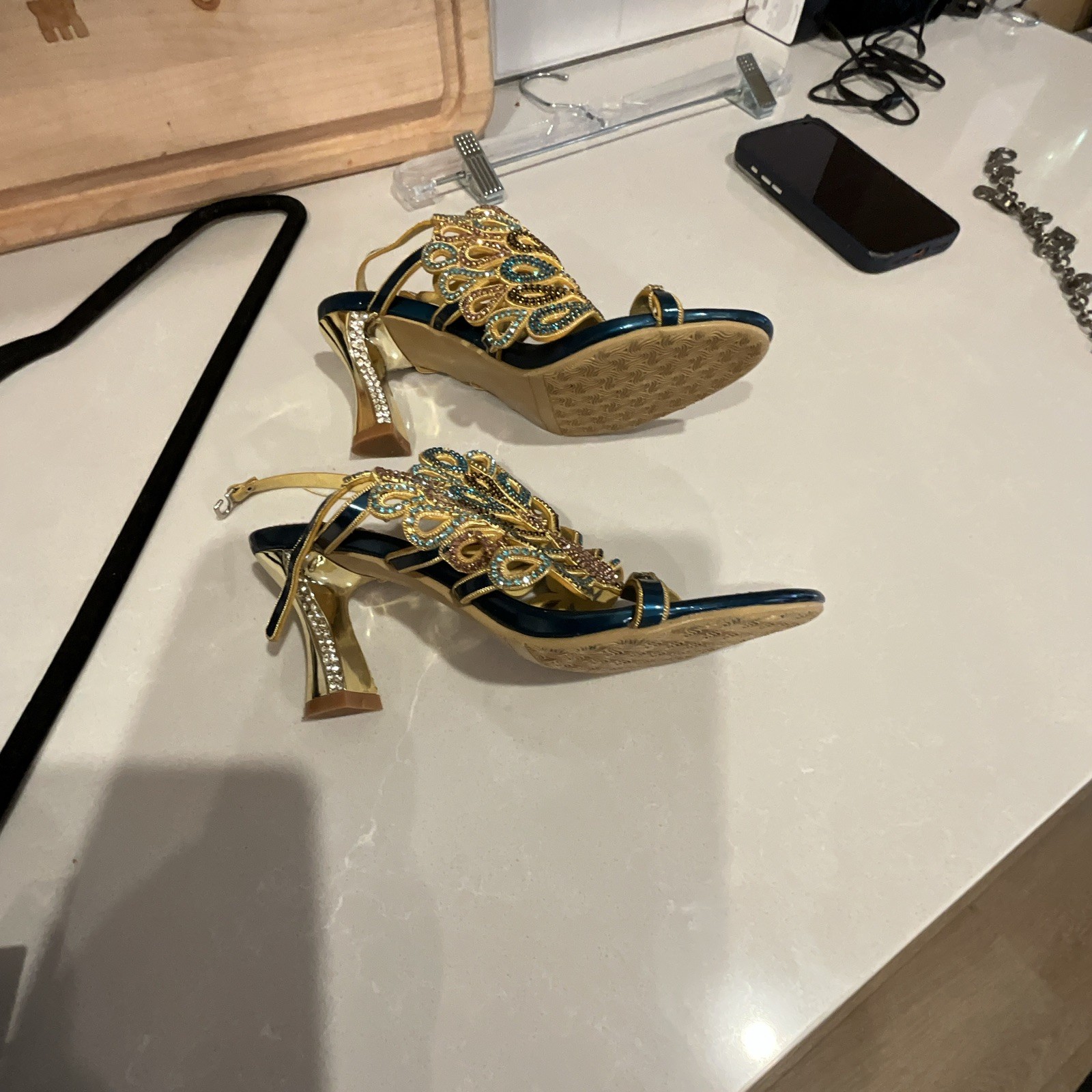 Womens Gold/Blue Leather Strappy Open Toe Ankle Strap Buckle Block Heels 6.5