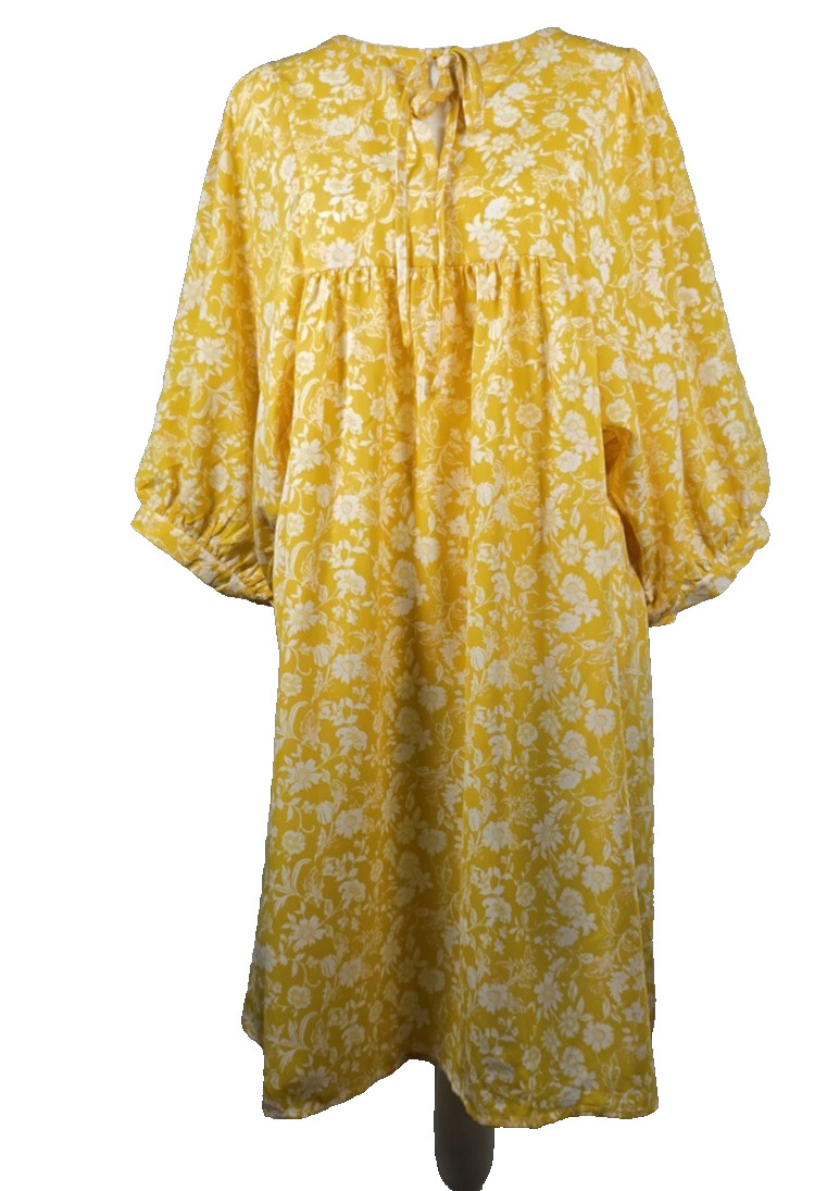 Womens Dress NEW Yellow Floral Peasant Boho Drawstring V Neck Size M Mini NWT