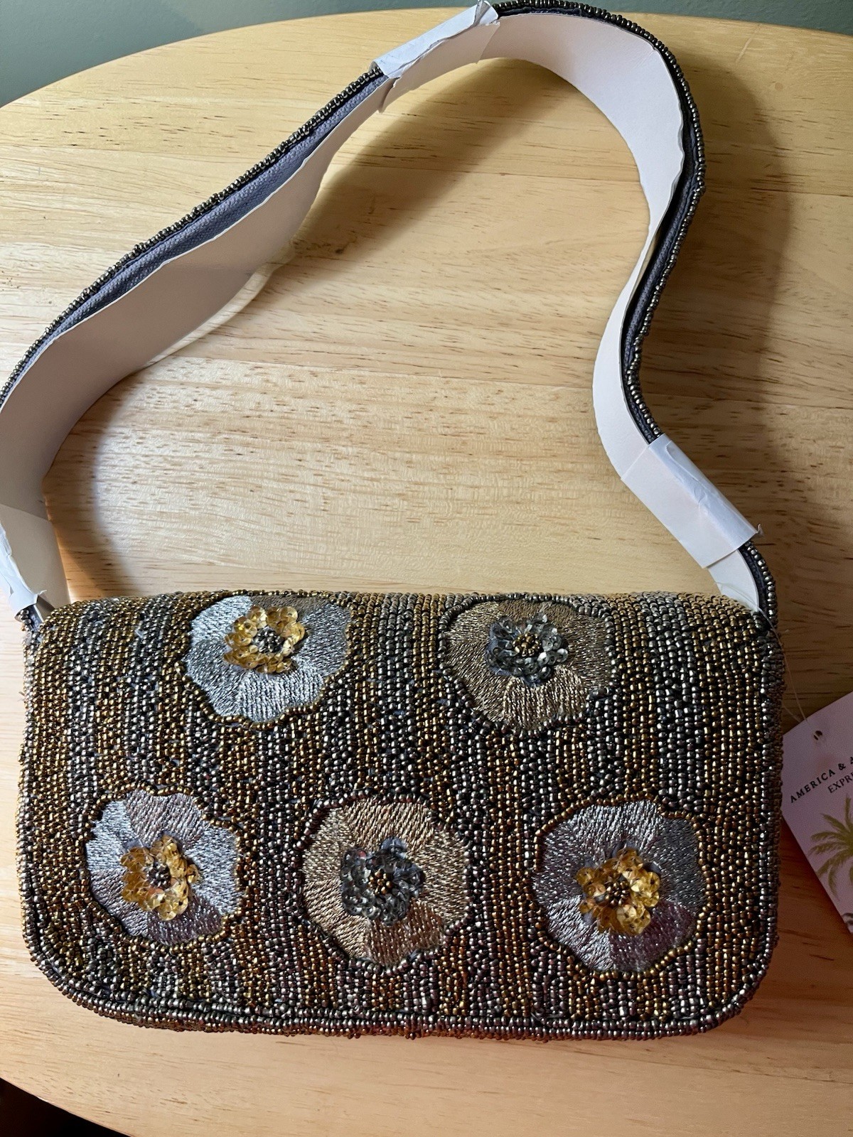 America & Beyond Beaded Floral Shoulder Bag, Gold/Silver, White Strap