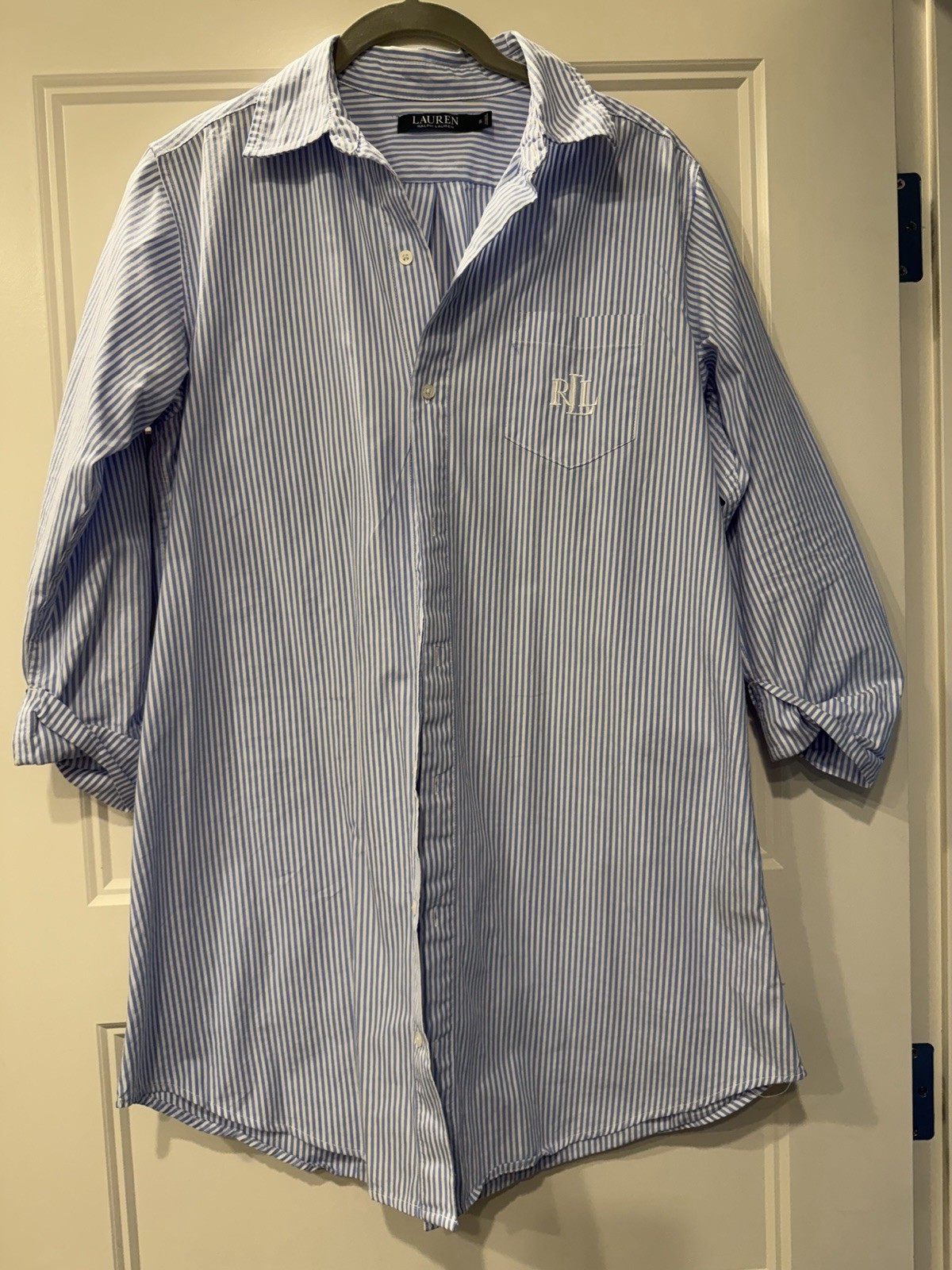 Lauren Ralph Lauren Women’s Blue White Striped Button Shirt LRL Logo Size S
