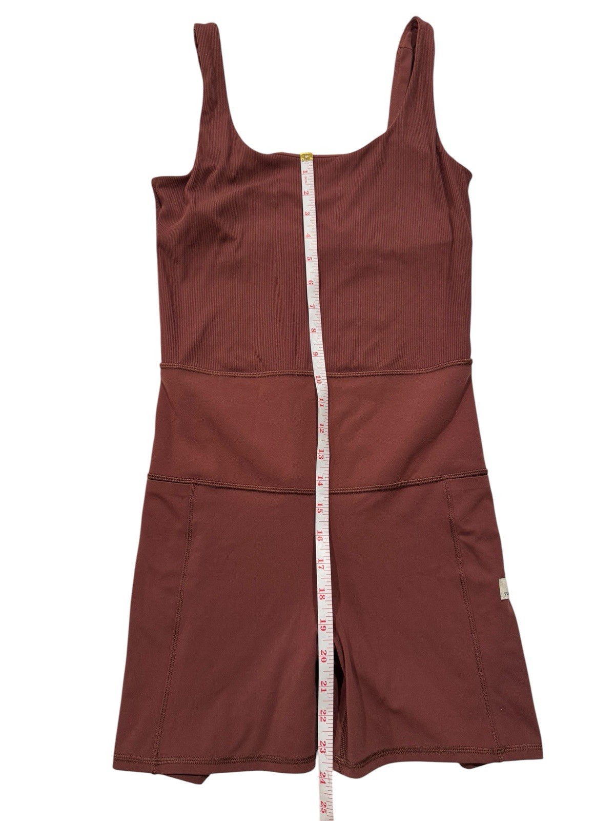 Vuori Ribbed Activewear Romper Mahogany Brown Womens Yoga Bodysuit Pockets