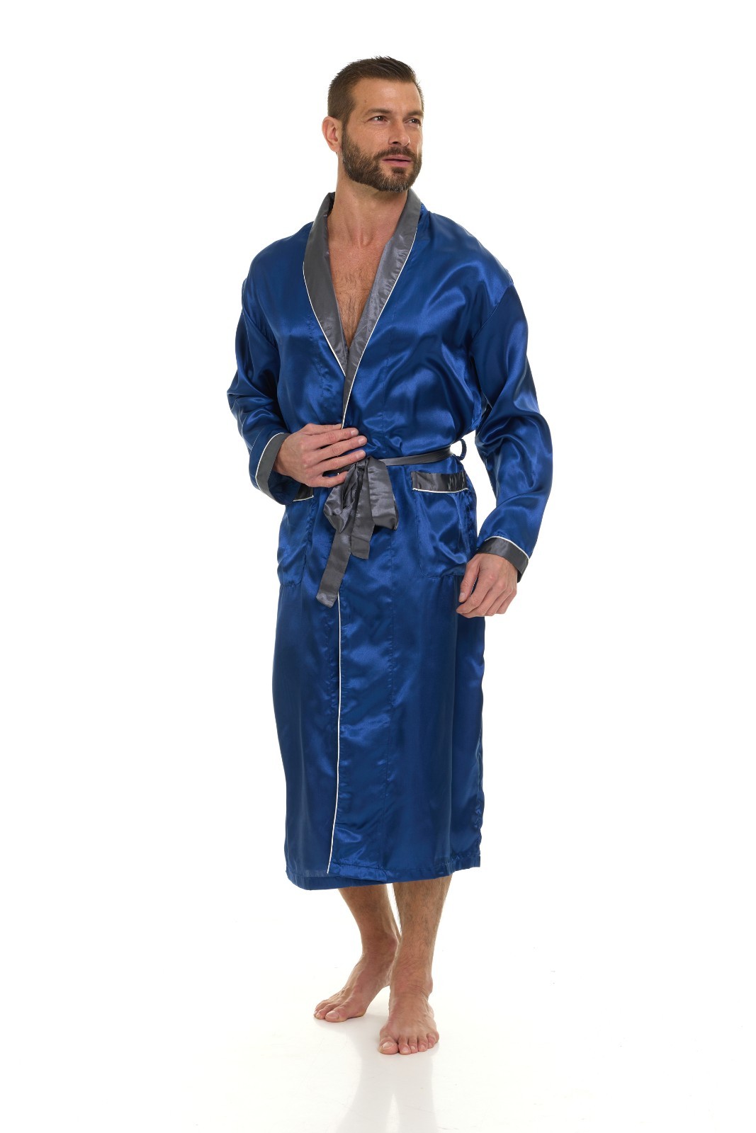 Mens Silk Satin Robe – NAVY / GRAY COLLAR – ” 5 day Delivery – USA ”