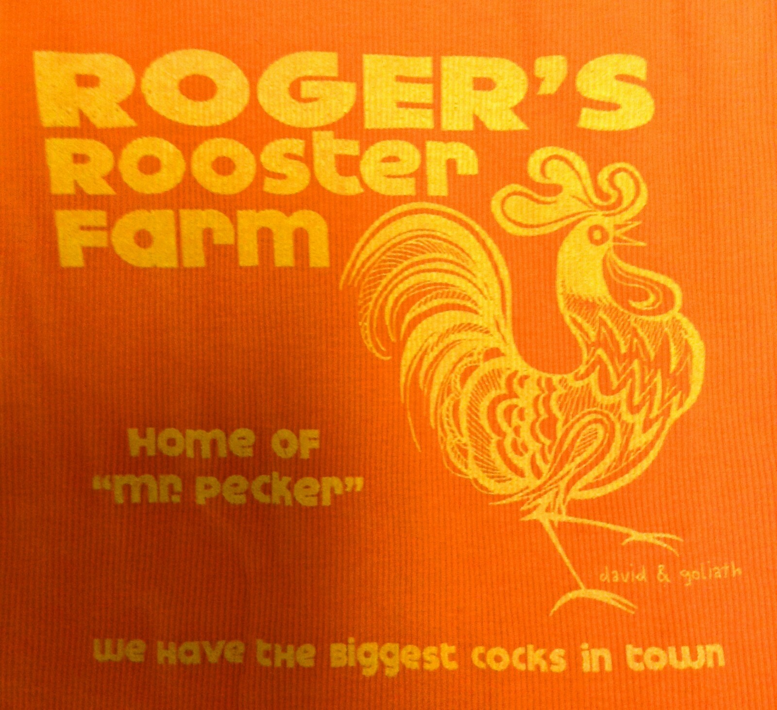 Womens Juniors David & Goliath Roger’s Rooster Farm Orange Tank Top Tee T-Shirt
