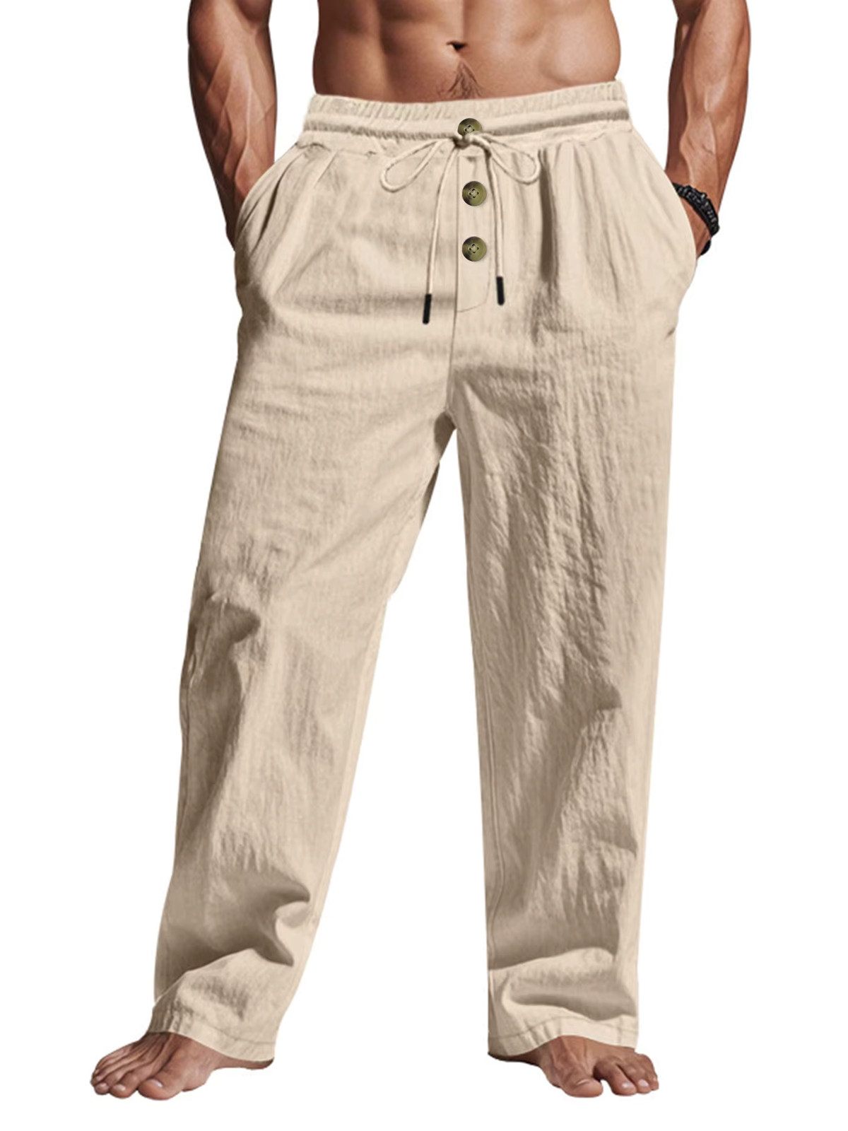 Men’s Casual Elastic Waist Summer Solid Beach Pants Straight Trousers Gift