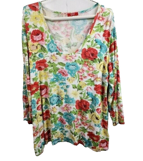 Glima Womens Wearable Art Tunic Top Medium Multi Floral 3/4 Sleeve BOHO Cottage