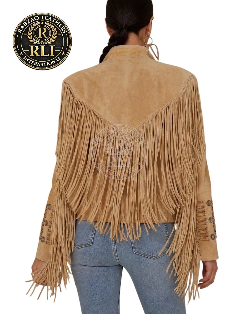 Women Western Suede Leather Fringe Jacket Beaded Cowboy Vintage Coat Tan