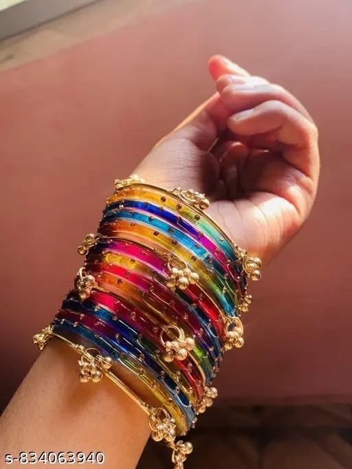 Multicolor Kashmiri Ghungroo Gold And Rainbow Glass Bangles Set Pack Of 16