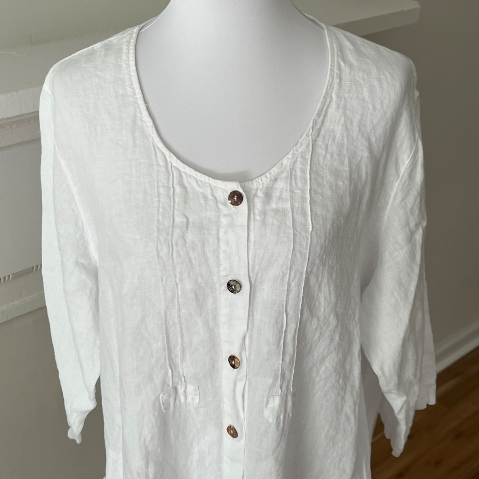 Plus Size Top Solid White Linen 1X Vintage Shirt Lagenlook Tunic Blouse Relaxed