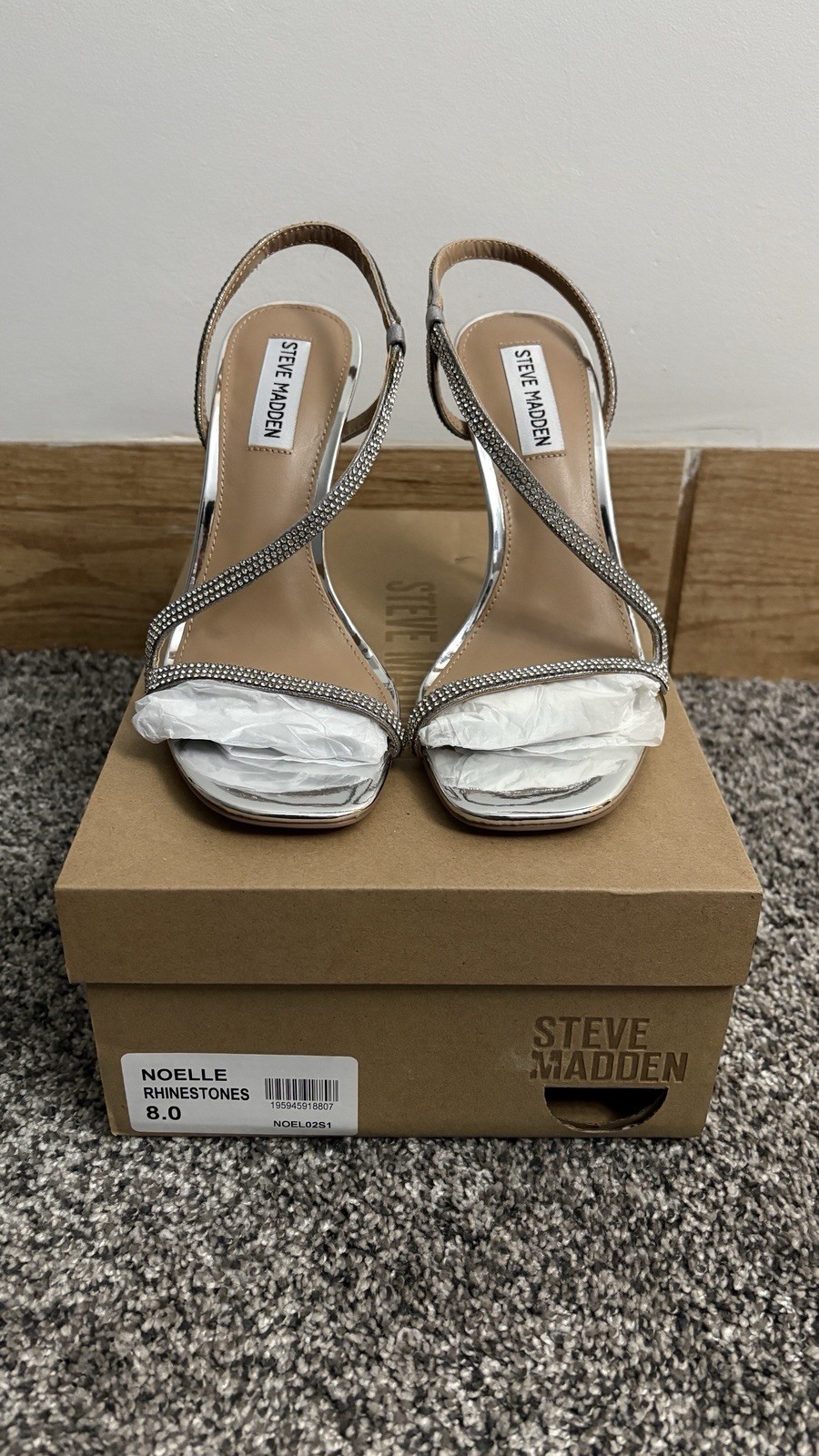 Steve Madden Noelle Rhinestone Silver Stiletto Sandals – Size 8
