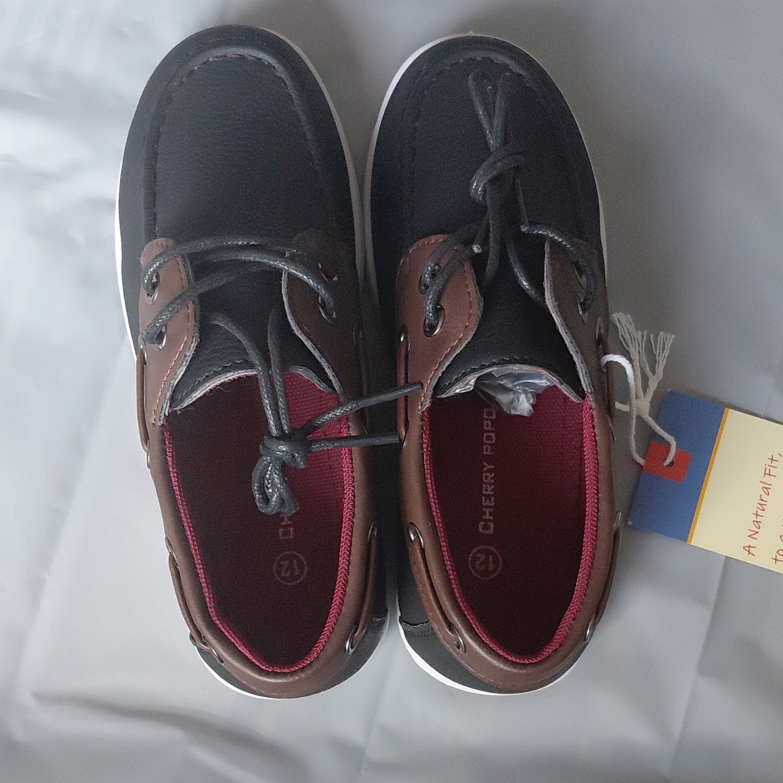 CHERRY POPO Men’s Leather Boat Shoes Black/Brown Lace-Up Round Toe US 12