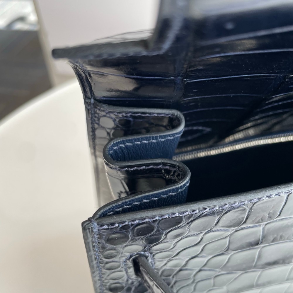 Hermes Kelly 35 in inverted V leather blue with silver hardware.