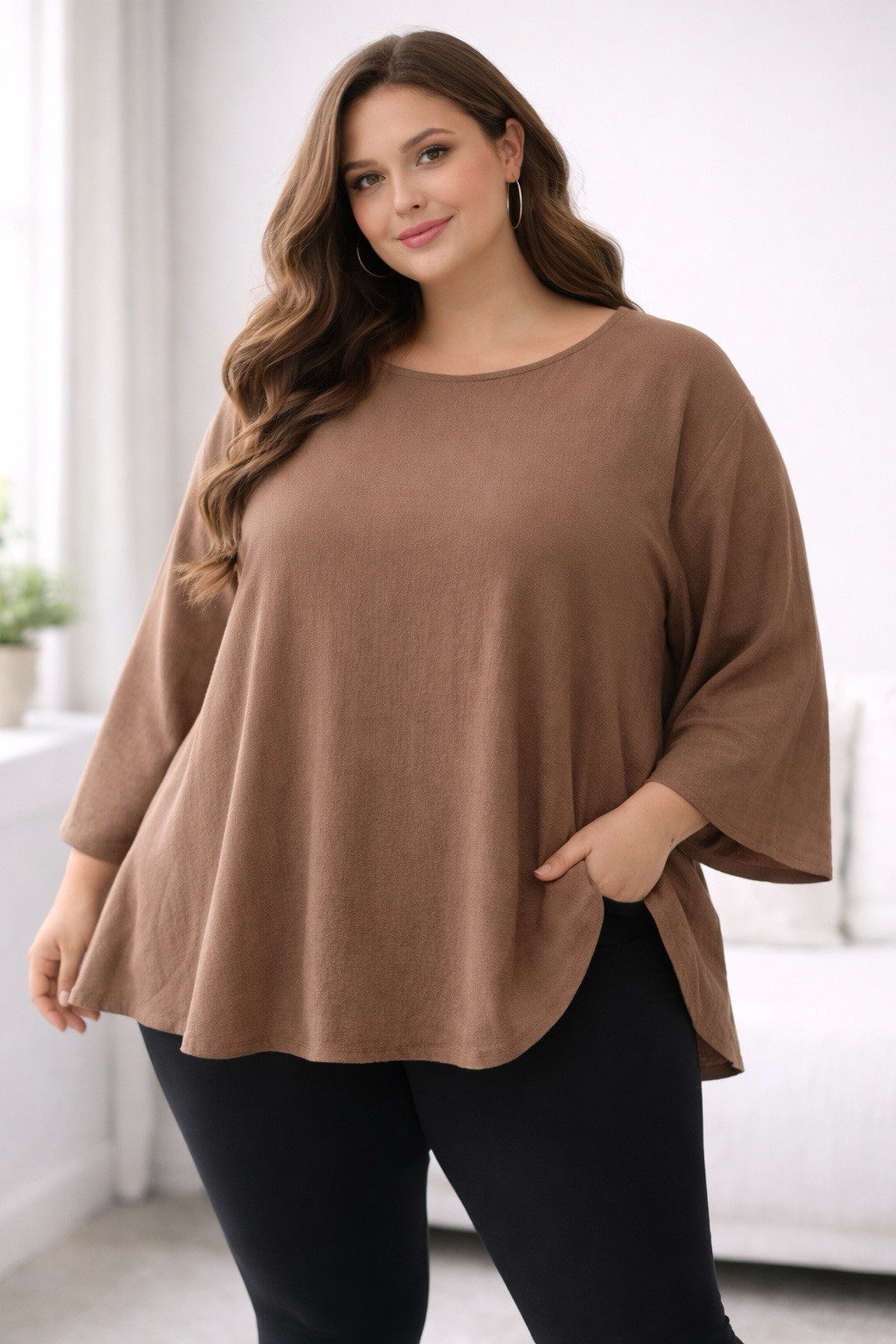 Women’s 7XL Light Cocoa Brown Rayon Swing Tunic Wide Sleeve Blouse