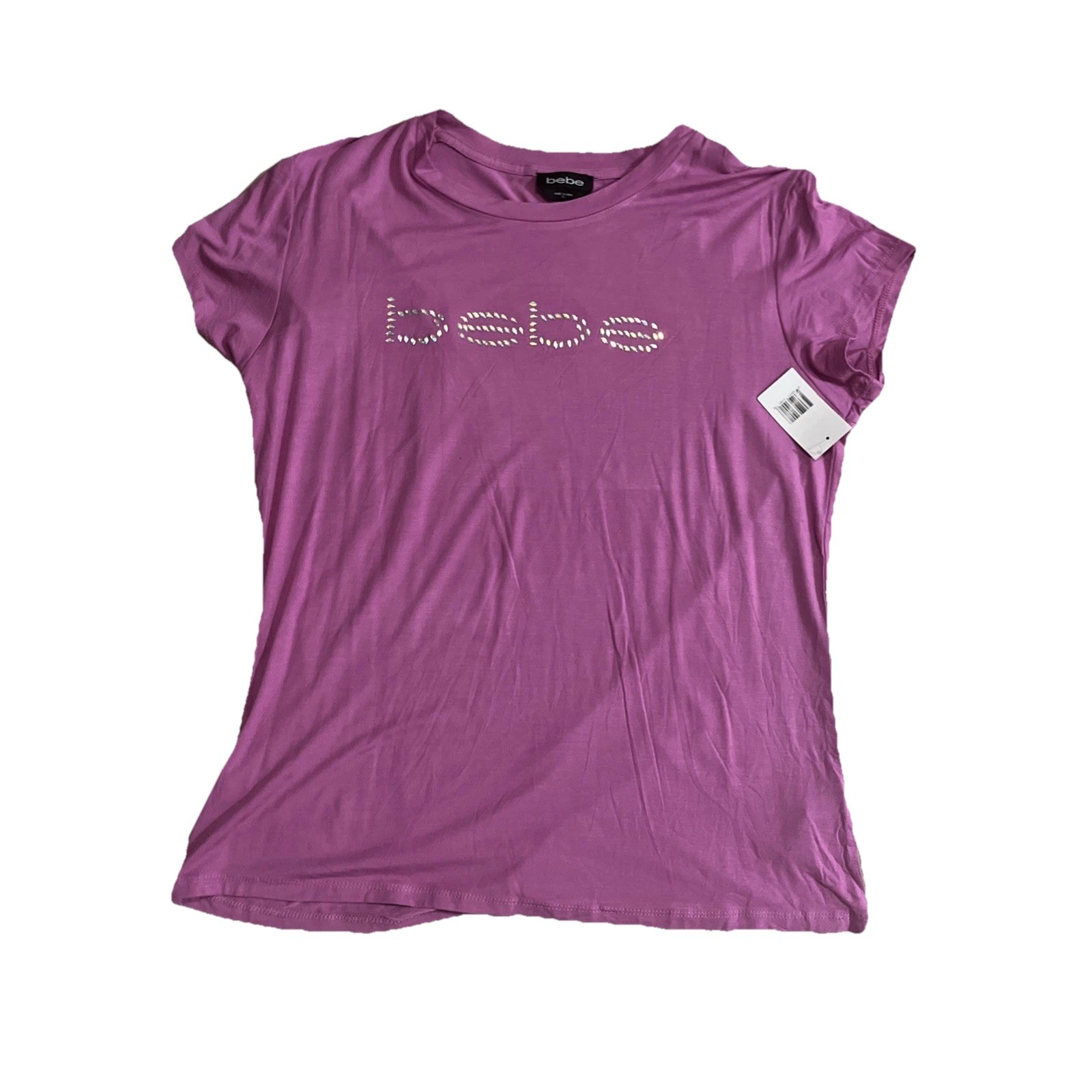 Bebe Pink Rhinestone Logo Short Sleeve T-Shirt Women’s Regular Size XL