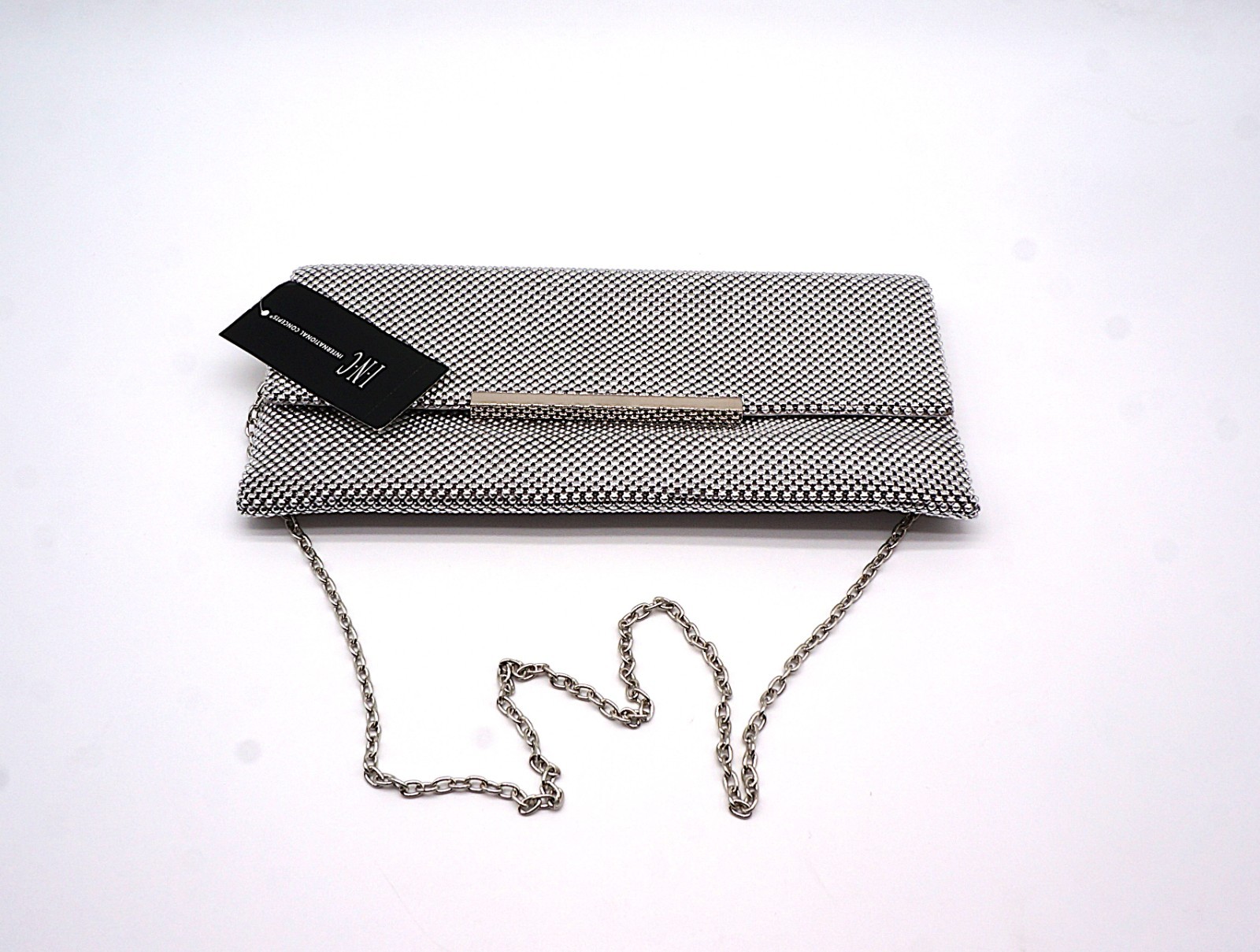 INC International Concepts HETHER Shiny Mesh Clutch Silver NEW