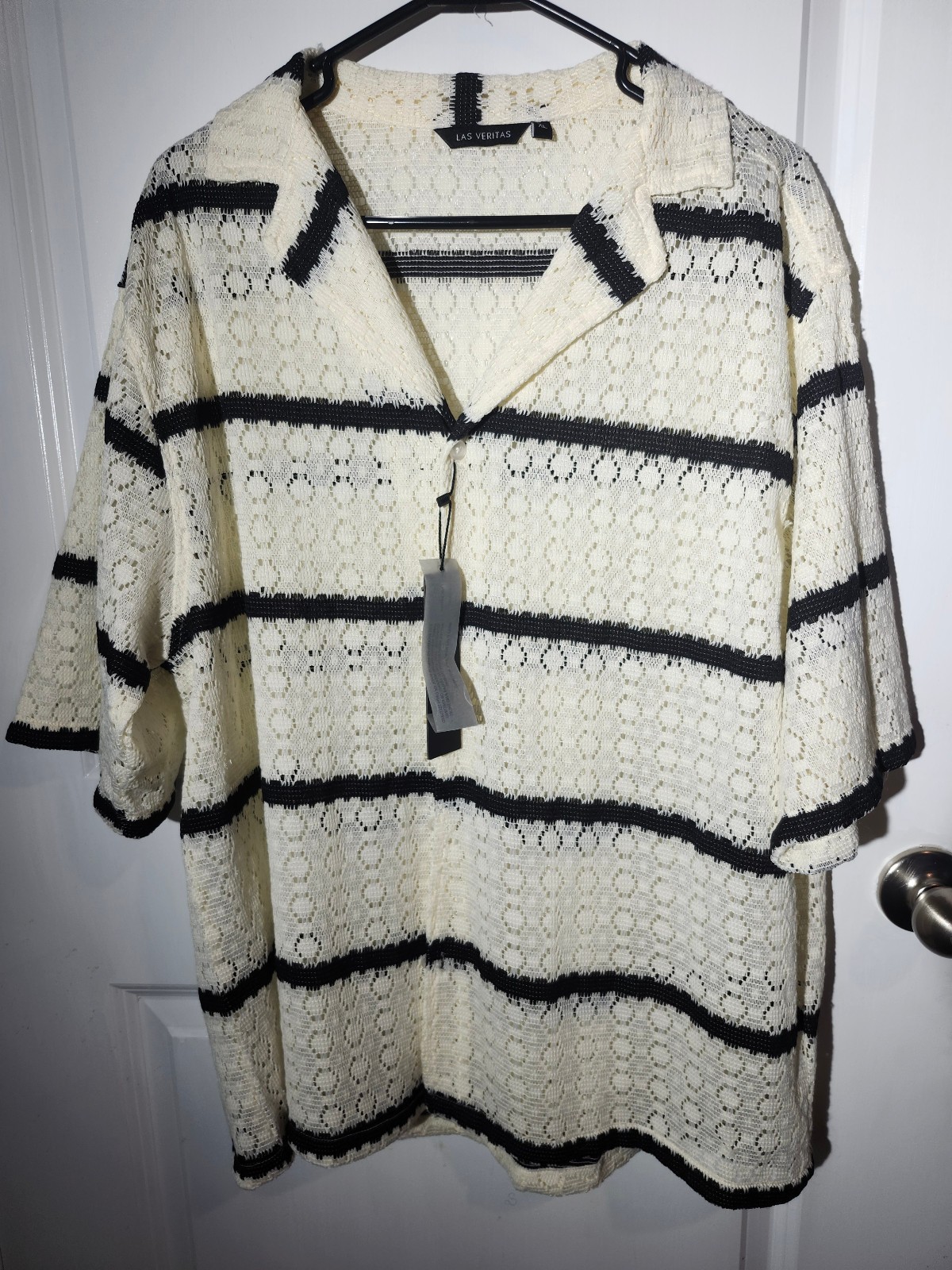 Las Veritas Lace Mesh Button Up Shirt Cream Black Striped Collared Top Sz XL