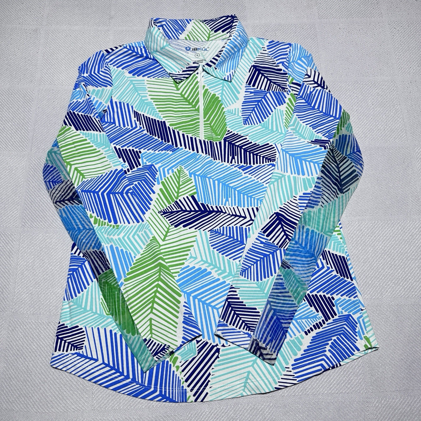 IBKUL Top Womens Small 1/4 Zip Tropical Palm Leaf Print Mesh Performance Active