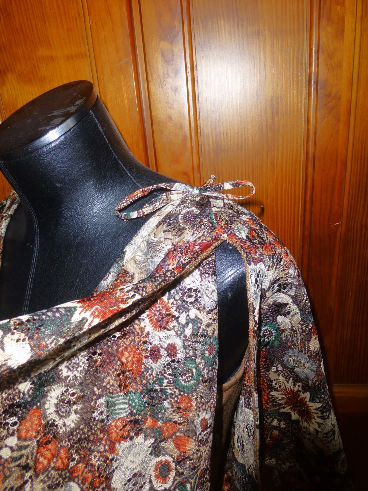 VTG 70’s Silky Jersey knit Caramel Brown Cape Lace boho Belted Fit Flare DRESS