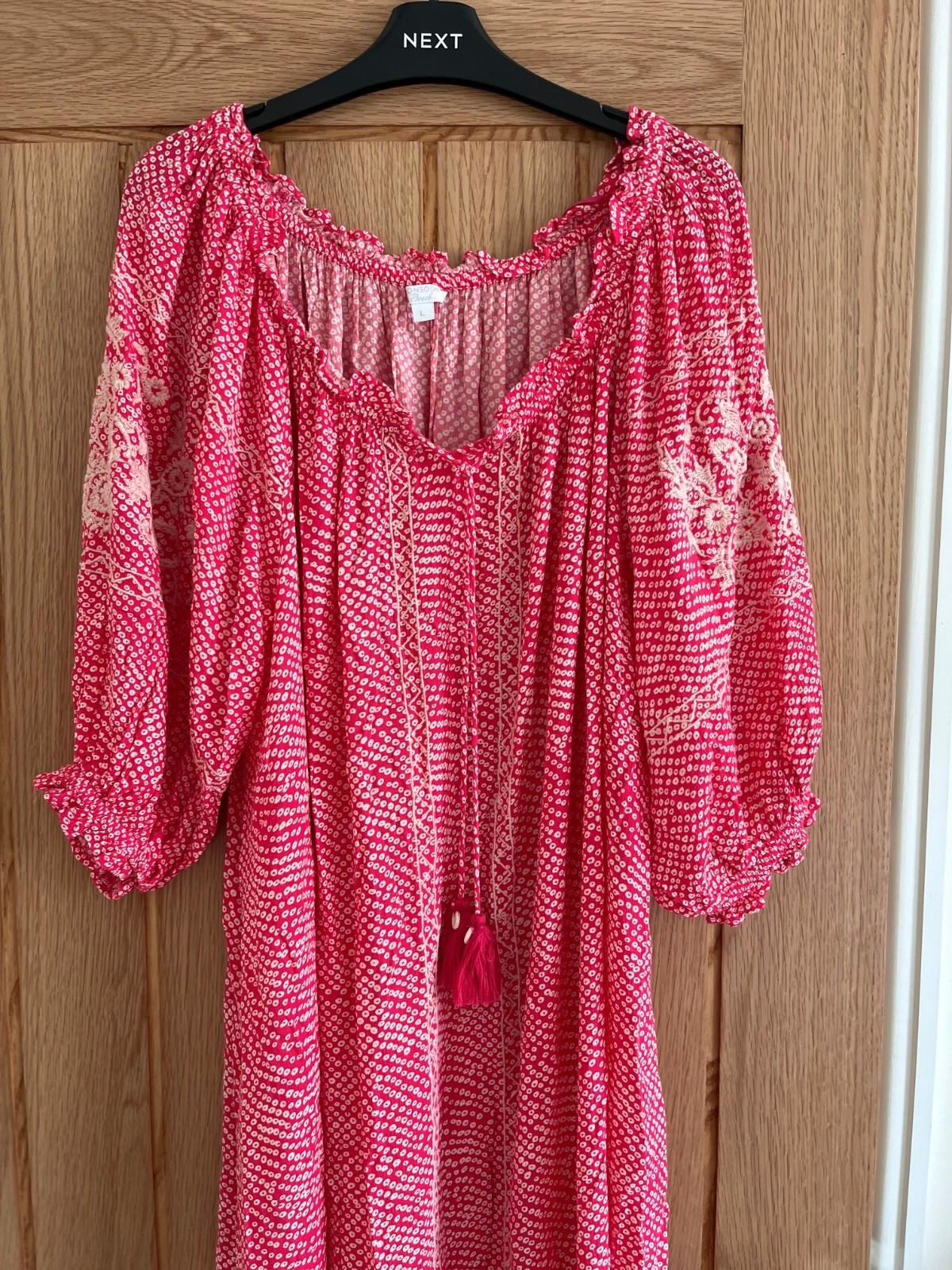 Monsoon Raspberry Red/Pink & White On-Off Shoulder Beach Dress, Size M, 16-18