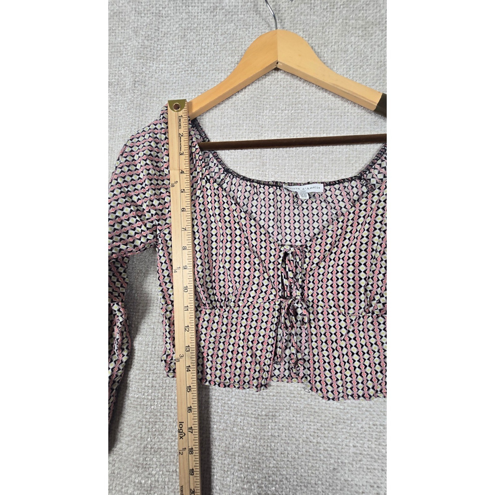 Maison d’Amelie Pink Geometric Tie Front Balloon Sleeve Crop Top XS