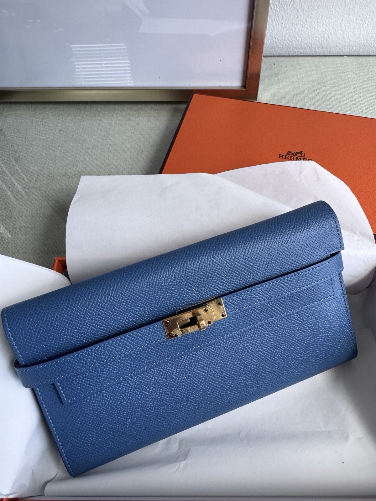Authentic Hermes Kelly Wallet Blue Silver Hardware