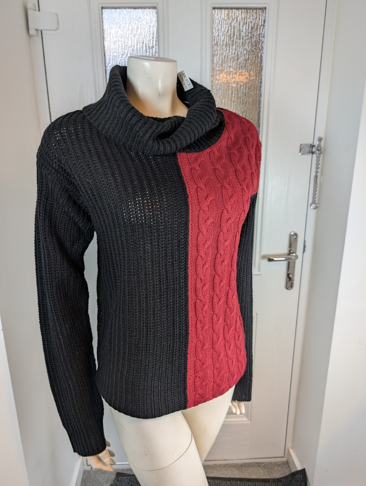 BNWT Select Berry Red & Black Color Block Cowl Neck Cable Knit Jumper Size M