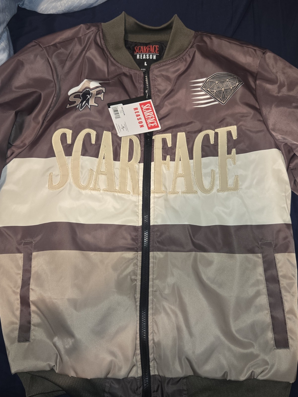 Reason Scarface Varsity Jacket Colorblock Khaki Size L