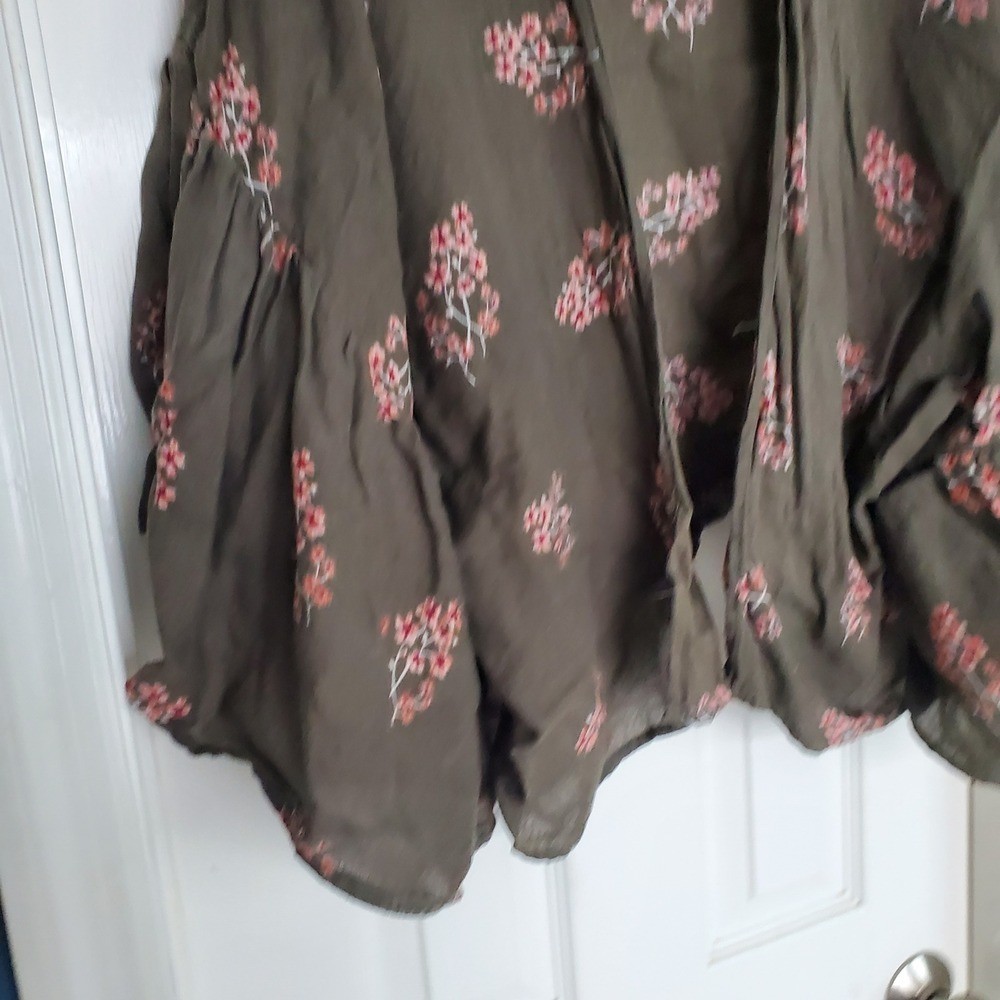 Linen Blend Cropped Kimono Cardigan Olive Green Floral Print Cottage Boho OSFM