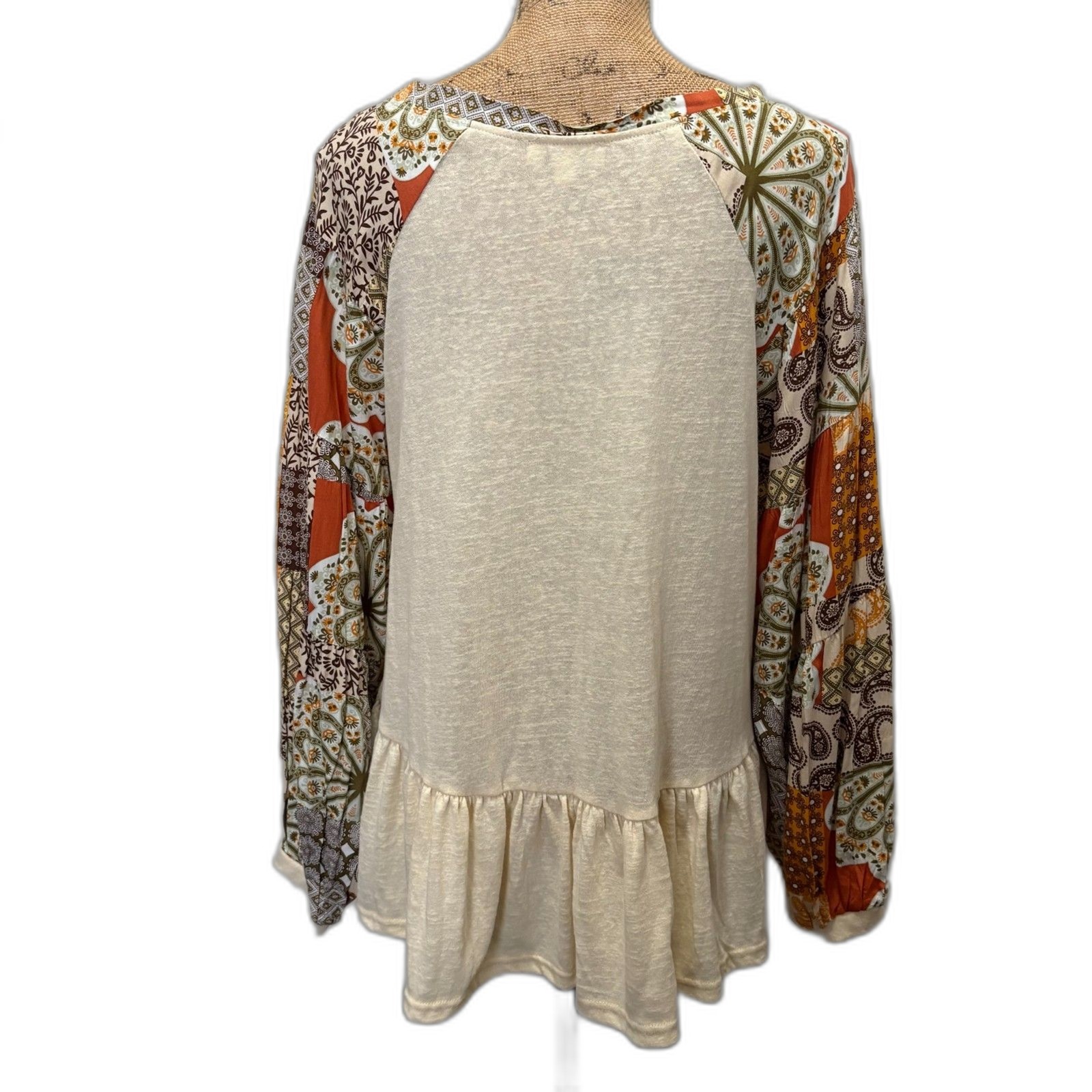 Umgee Peplum Ruffle Blouse Patchwork Balloon Sleeves Bohemian Print Size Small