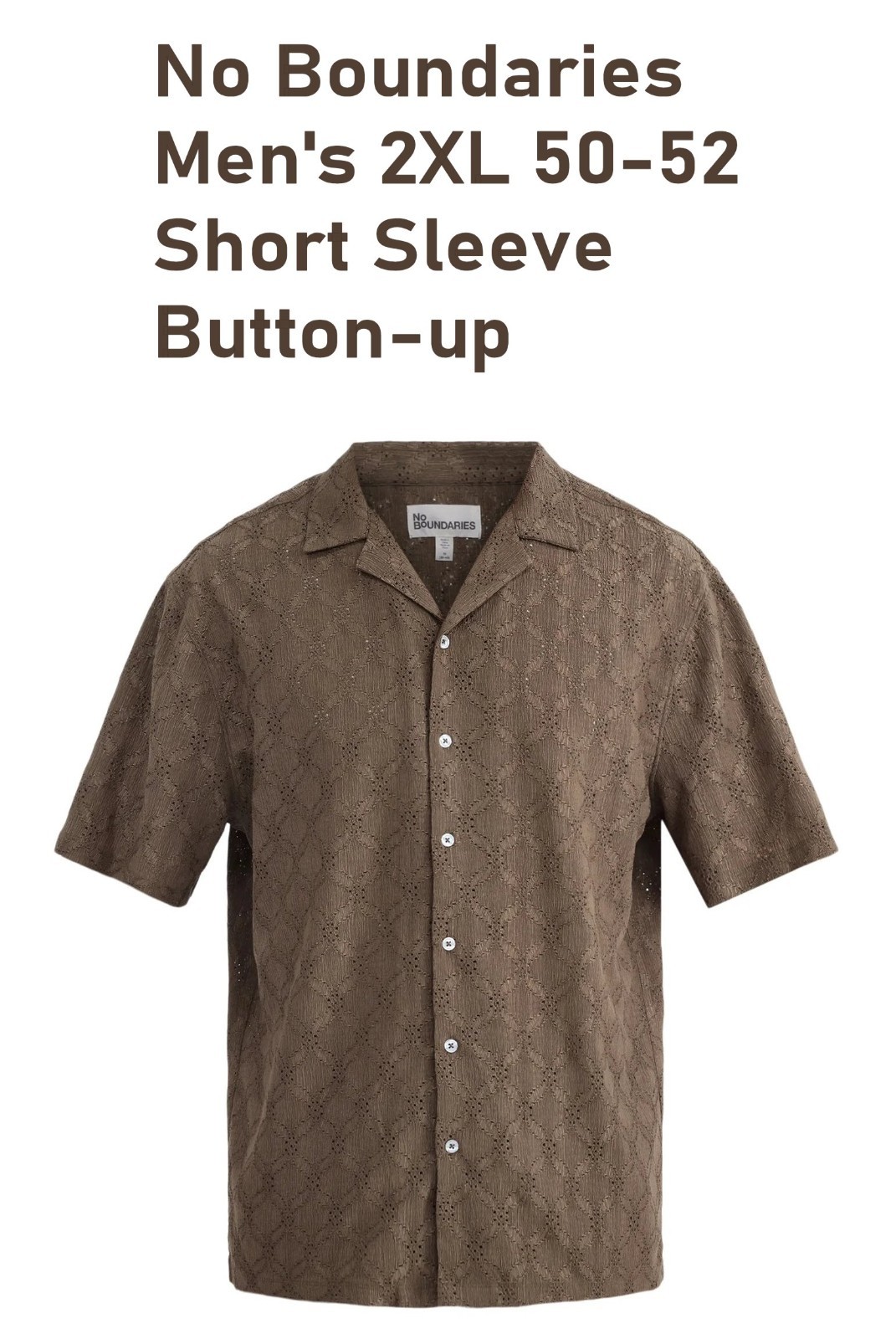 No Boundaries Men’s 2XL 50-52 Eyelet Shirt Woodchip Brown Short Sleeve Button Up