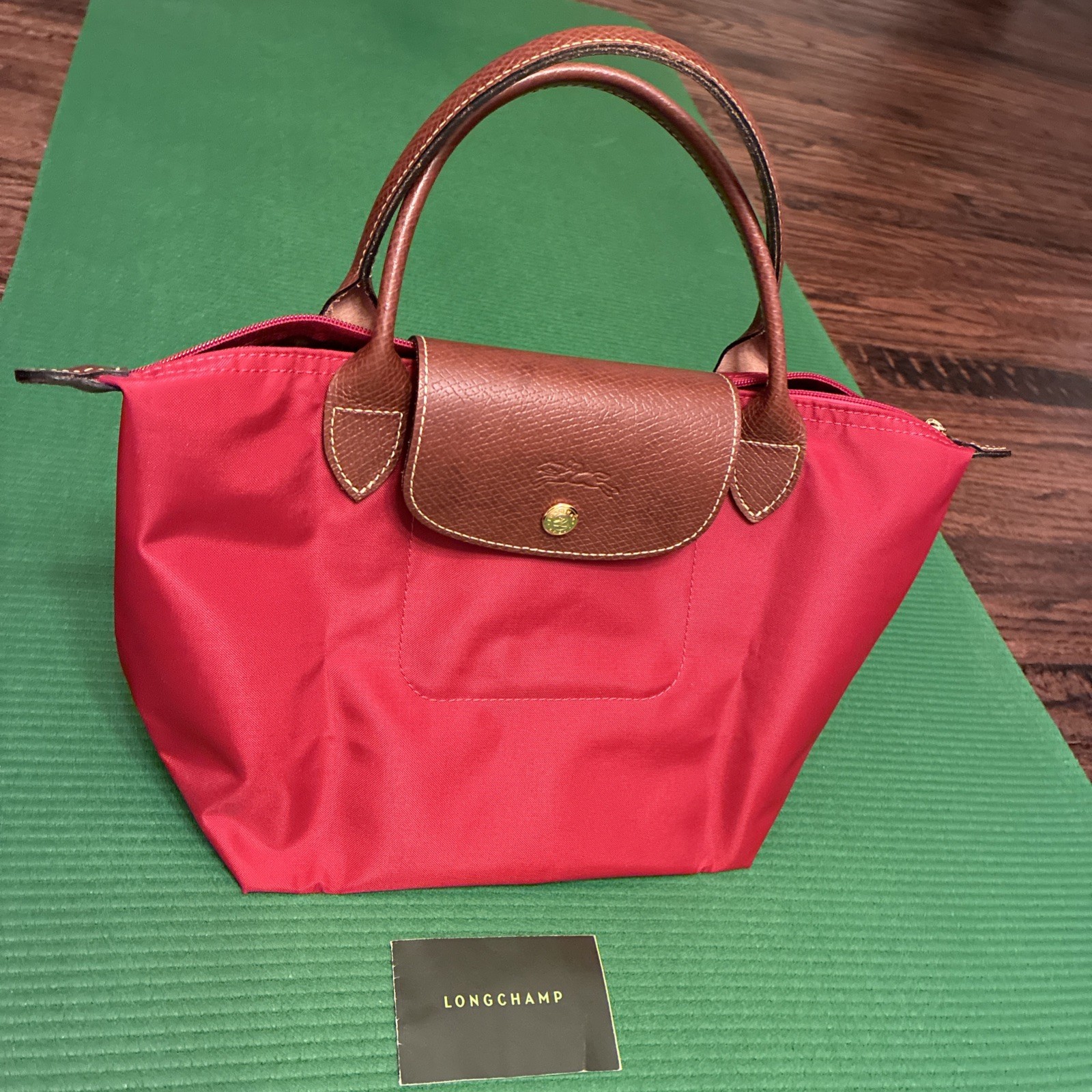 Longchamp Le Pliage Bag Womens Small Red Nylon Tote Leather Trim Gold Hardware