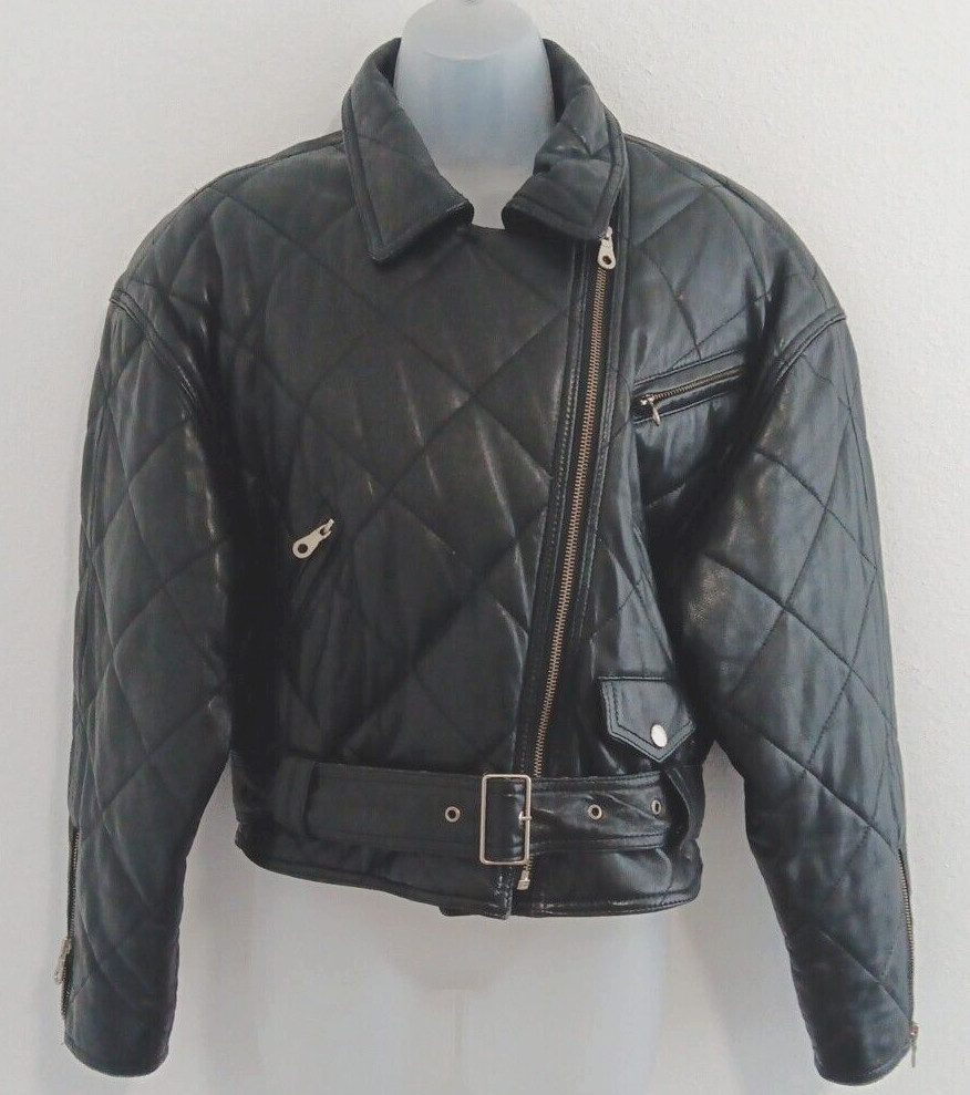 VTG Leather Jacket Womens Medium MOTO Black Belted Motorcycle Punk Rock Street