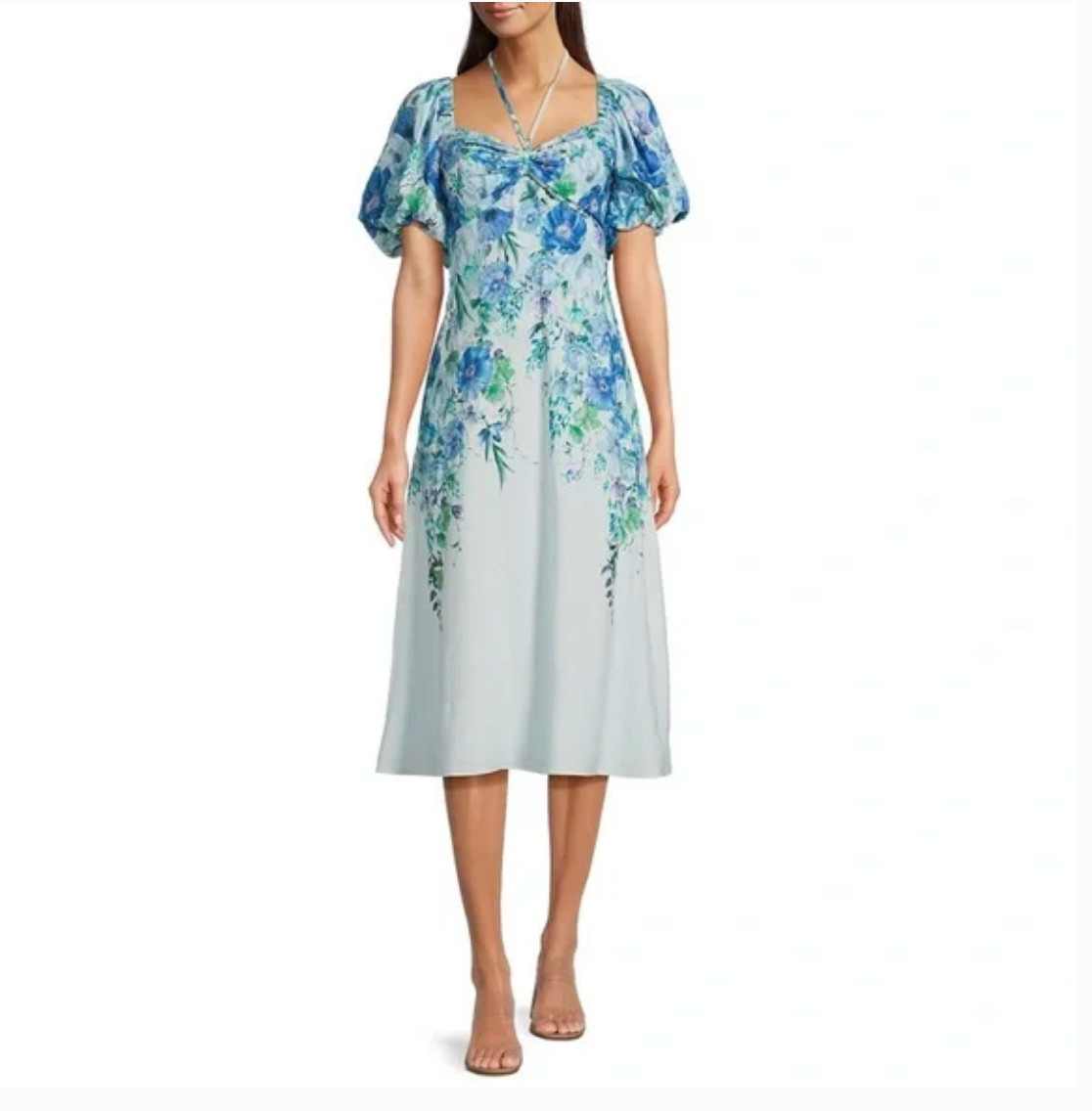 Alex Marie Monroe Blue Floral Puff Sleeve Midi Tea Length Dress Party Nwt 14