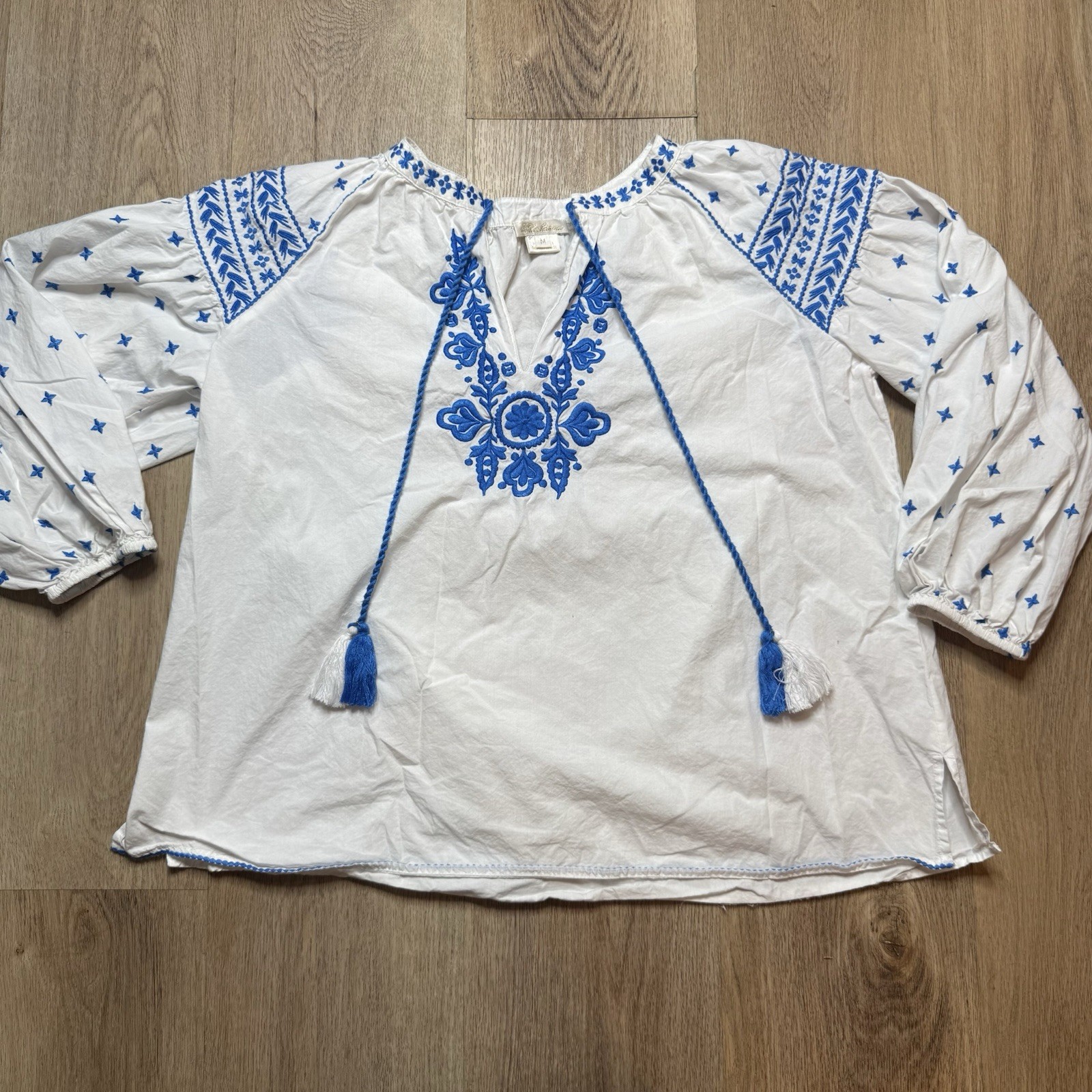 Shoshanna Amparo Floral Embroidered Shirt White Blue Size M