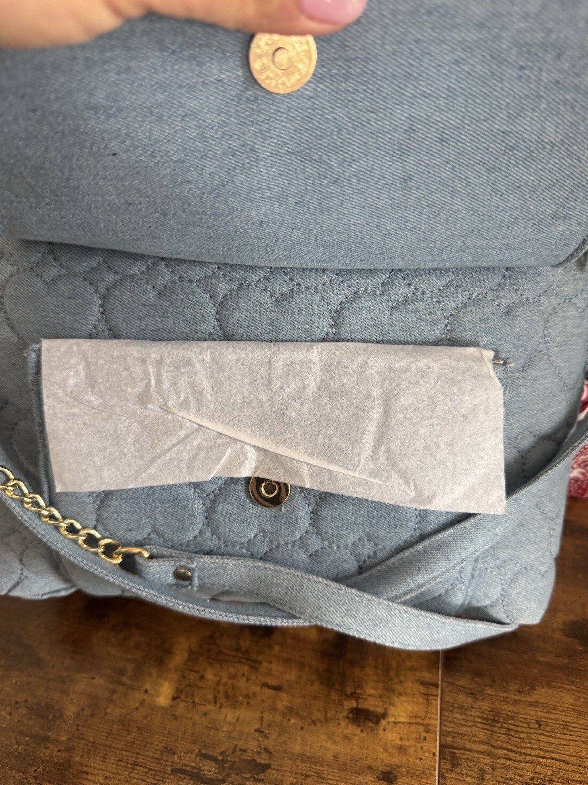 Betsey Johnson Quilted Heart Crossbody Bag in Light Blue Denim