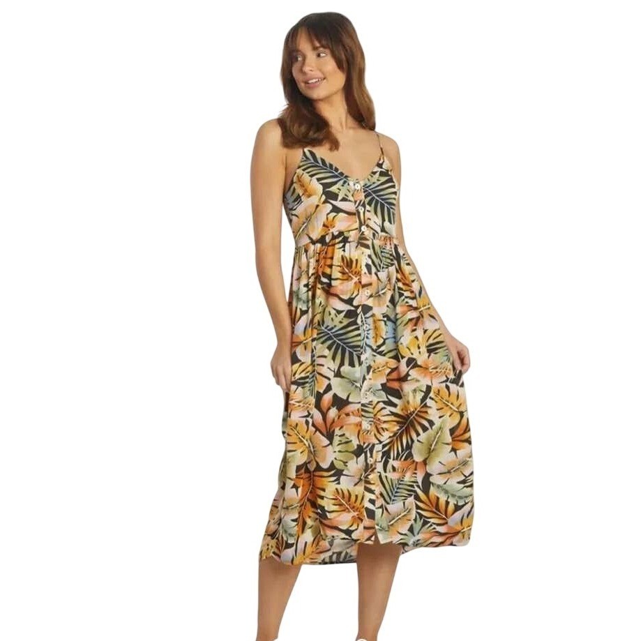 Natural Reflections Tropical Leaf Button Front Midi Dress XL Smocked Boho