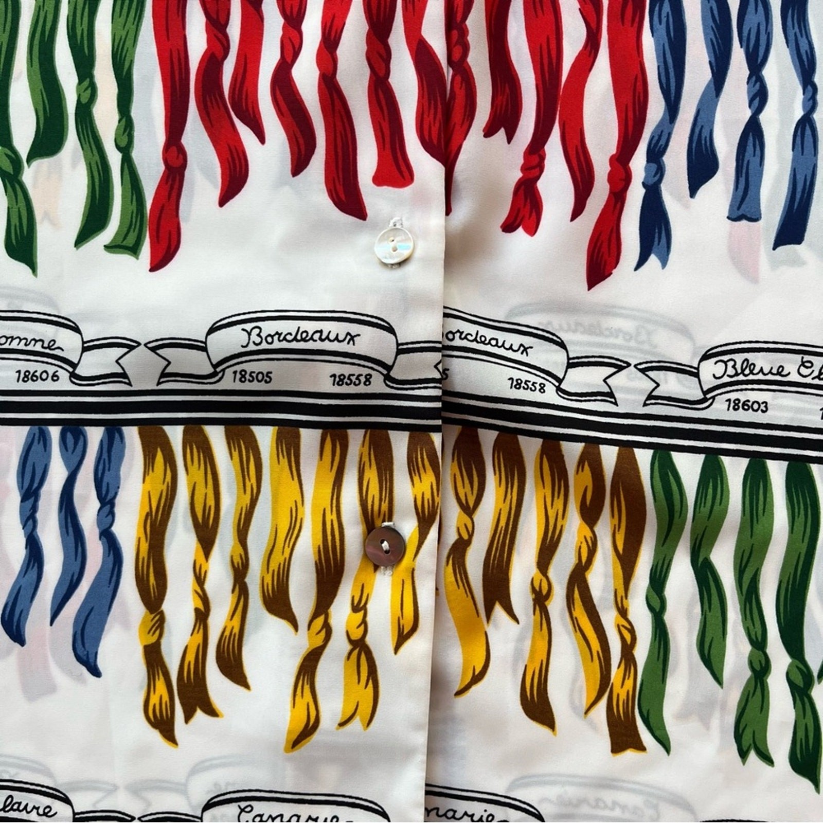 Vintage Silky Oversized Button Down Shirt Large Colorful Print French Ribbons