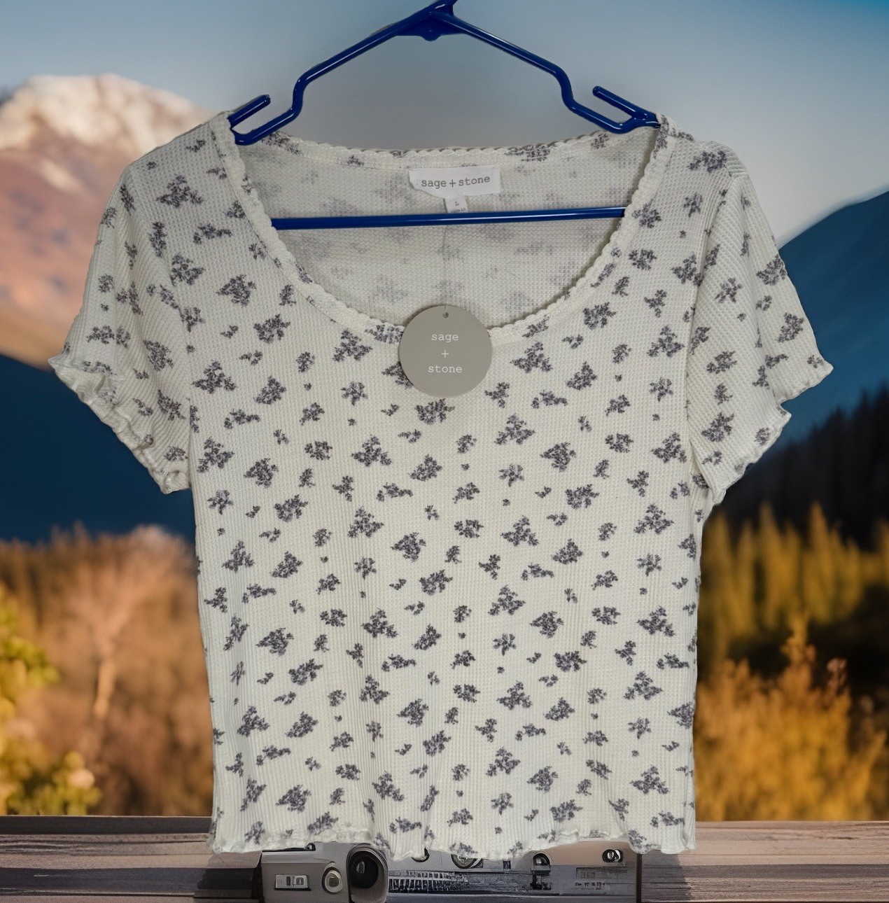 NWT Sage + Stone Top Waffle Knit Crop Juniors Sz L Ditsy Floral Boho Cottagecore