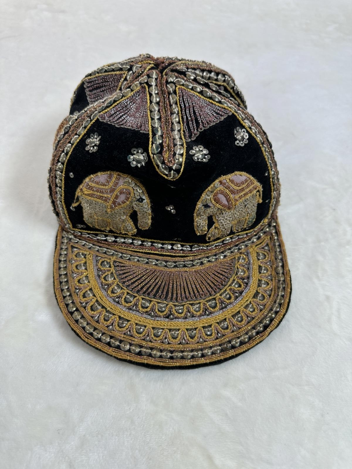 VTG Elephant Beaded Velvet Cap Ethnic Boho Festival Burmese Myanmar