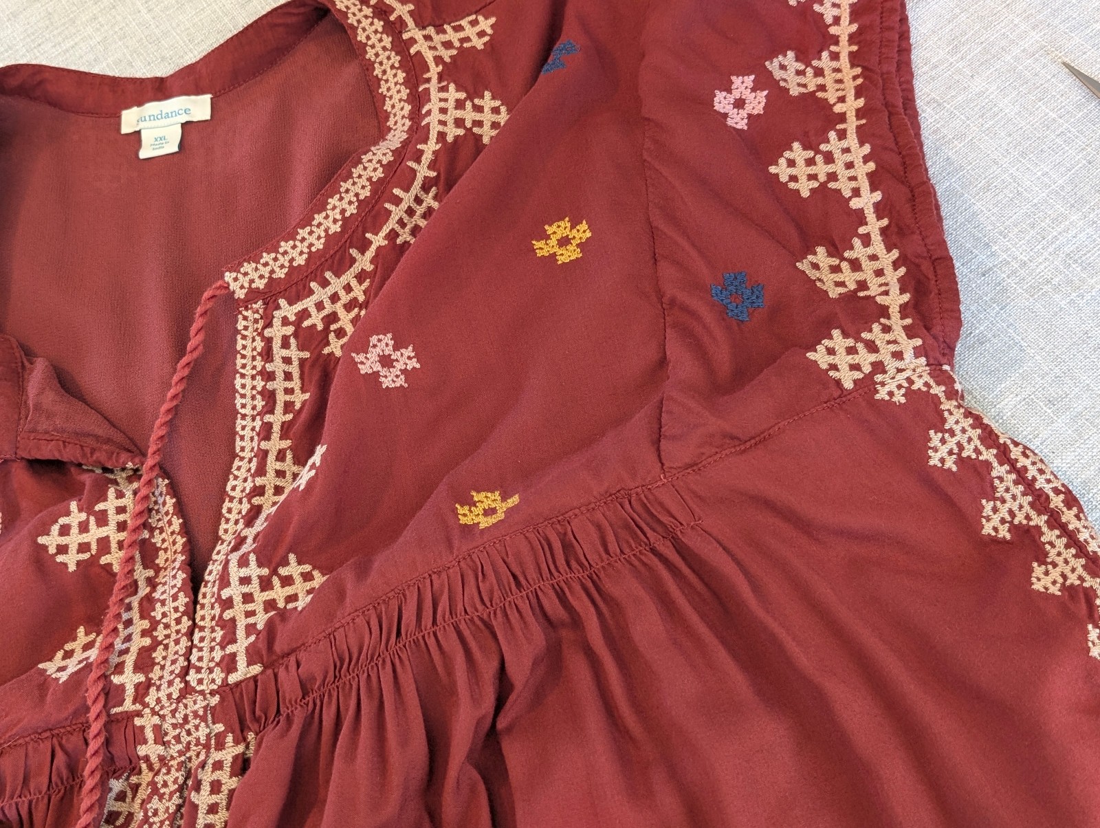 Sundance Embroidered Rust Red Tassel-Tie Dress Peasant Country Cowgirl Boho XXL