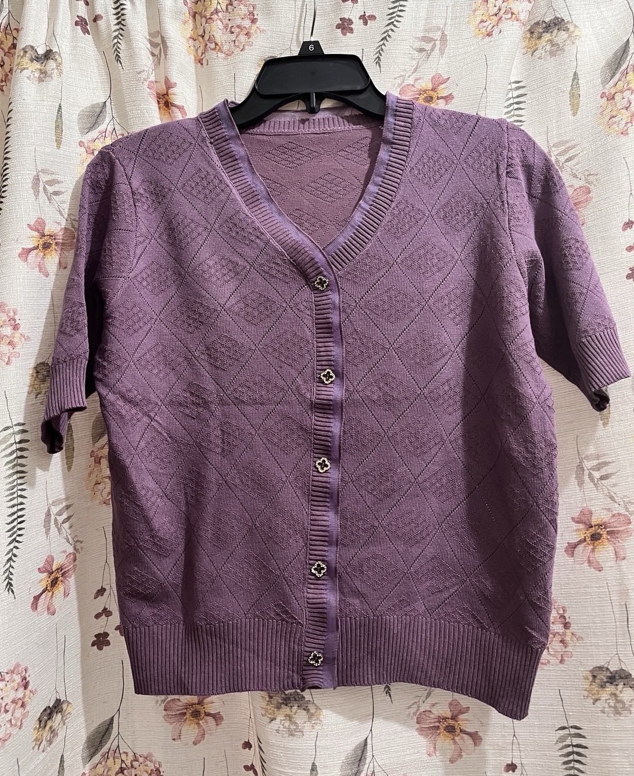 Purple Argyle Knit V-Neck short-sleeved knit pullover lace button Front Size M