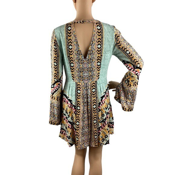 Free People Tegan Border Printed Mini Dress Size 2 Blue Combo