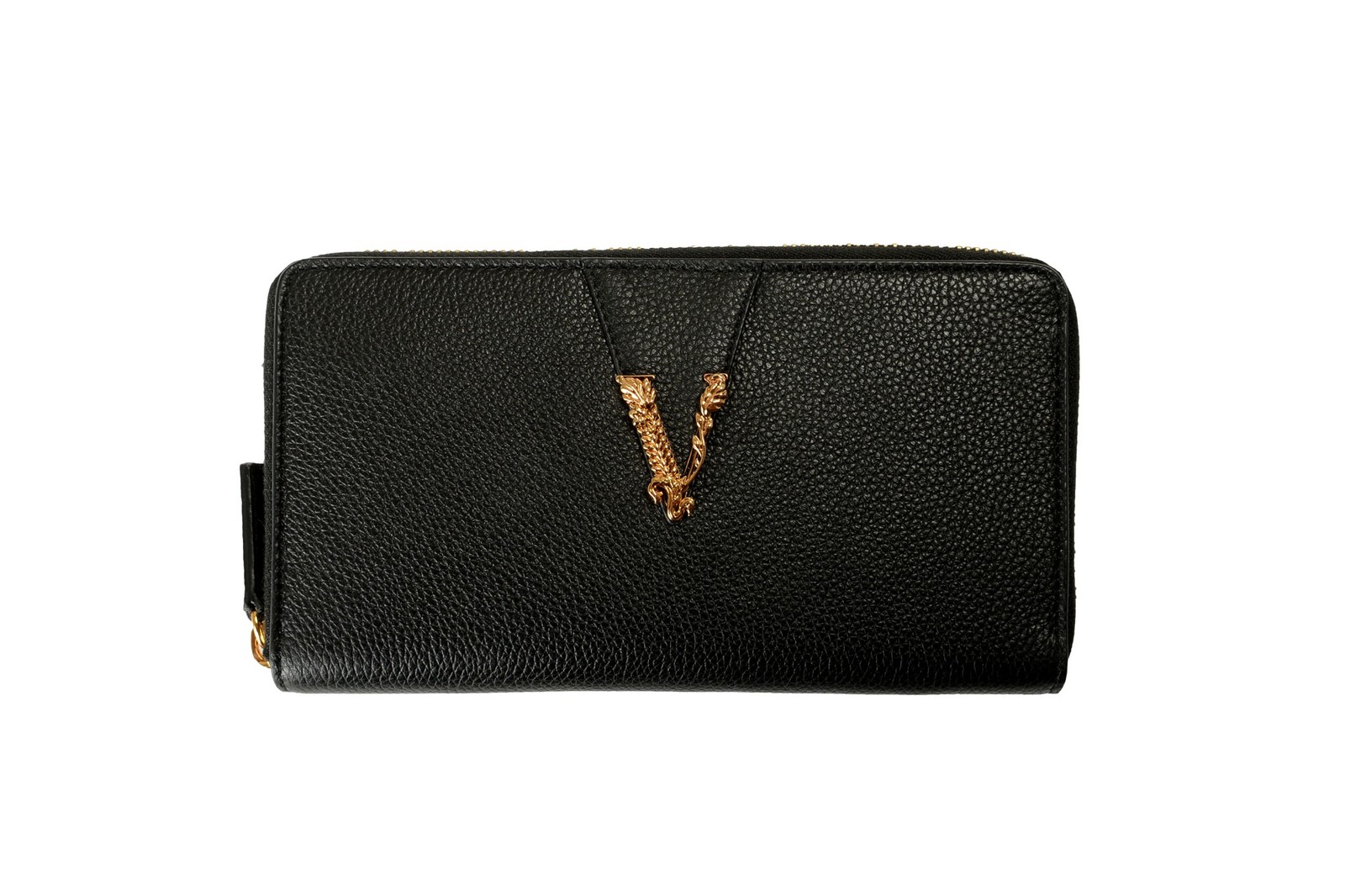 Versace Women’s Black 100% Grainy Leather Gold V-Logo Zip Around Wallet