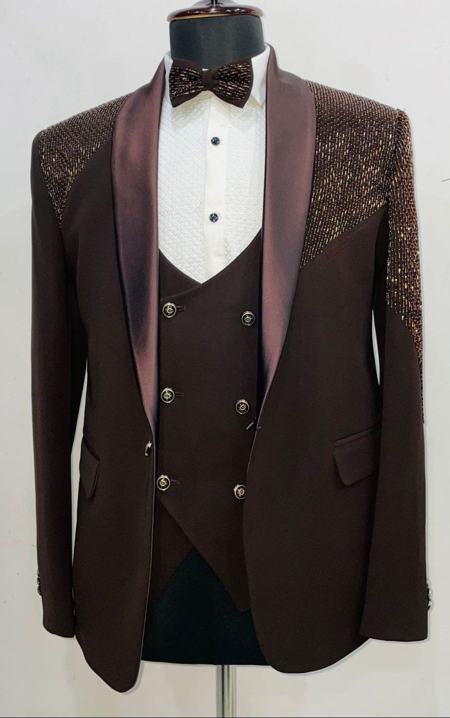 Brown Luxury Men’s Coat Vest Shawl Lapel Regular Fit Beads Jacket 2Pcs Blazer