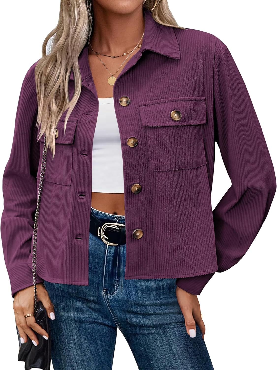 Women Cropped Corduroy Shackets Button Down Jackets Tops Fall long Sleeve Shirt
