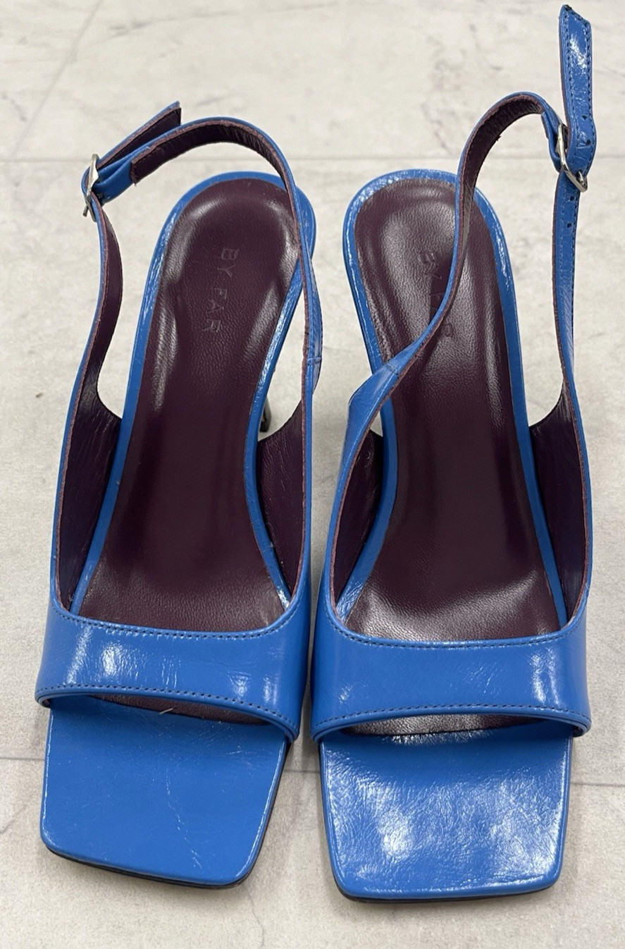New BY FAR Lopez 80mm Leather Slingback Sandals In Blue Size:35 (US 5)