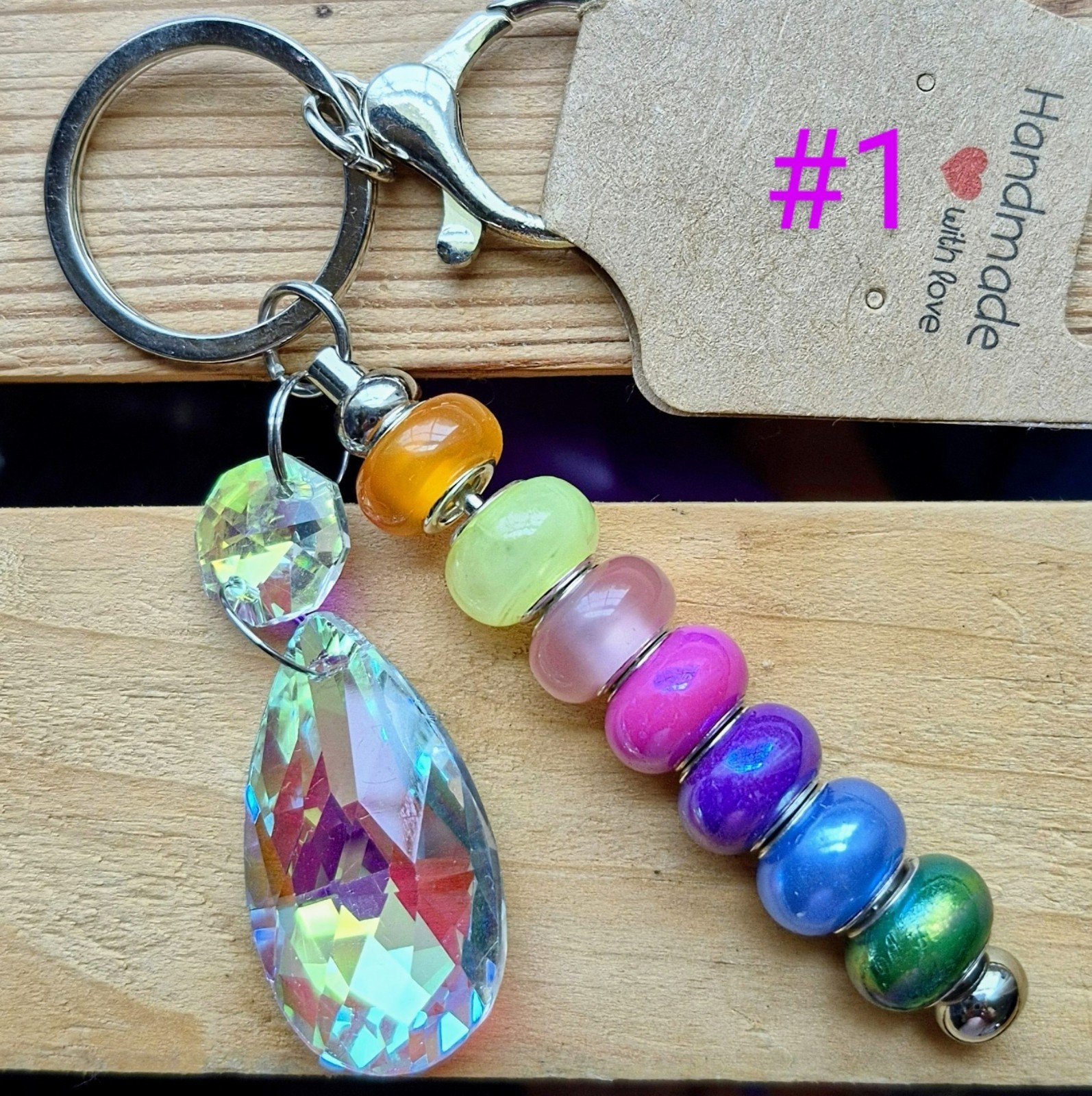 Unique Glass Beaded Keychain With Rainbow Prism Variety Of Colors. Purse Charm.