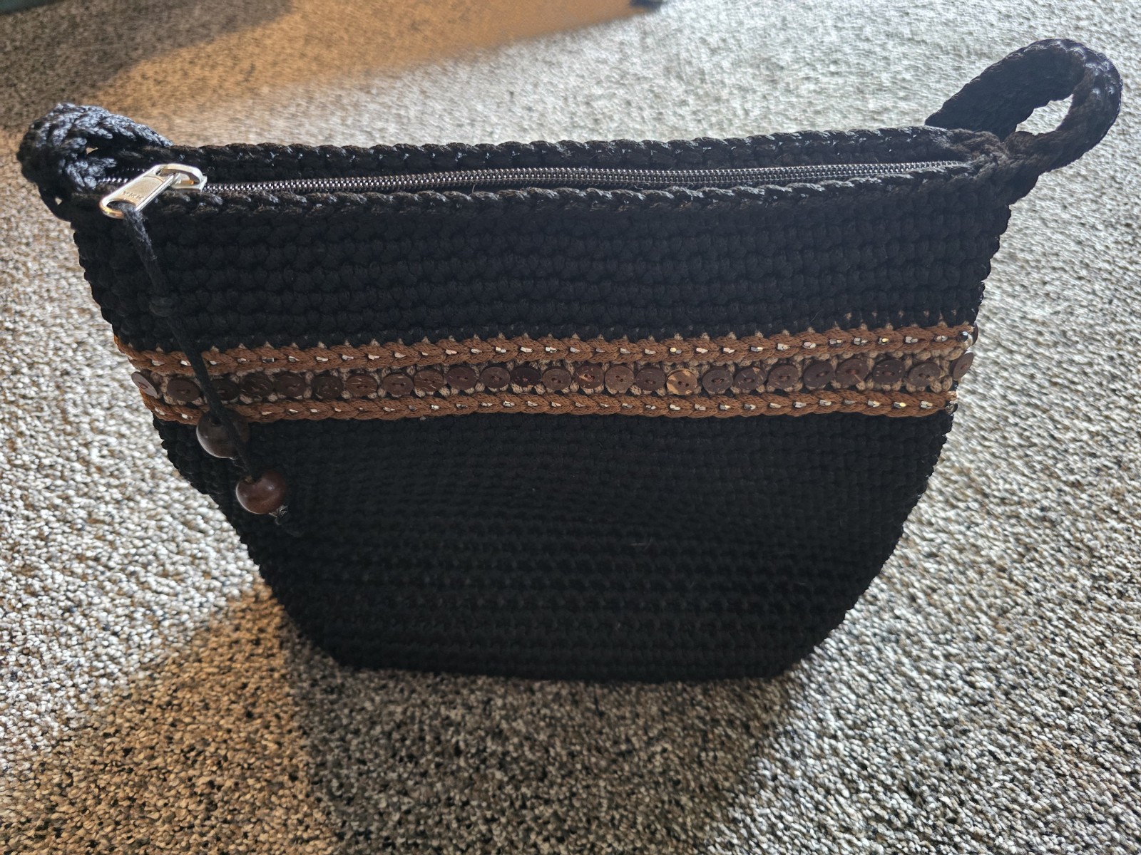 Vnt 90s Boho Macrame/Crochet Purse Coconut Shell Buttons Teddy Bear Int. – EUC