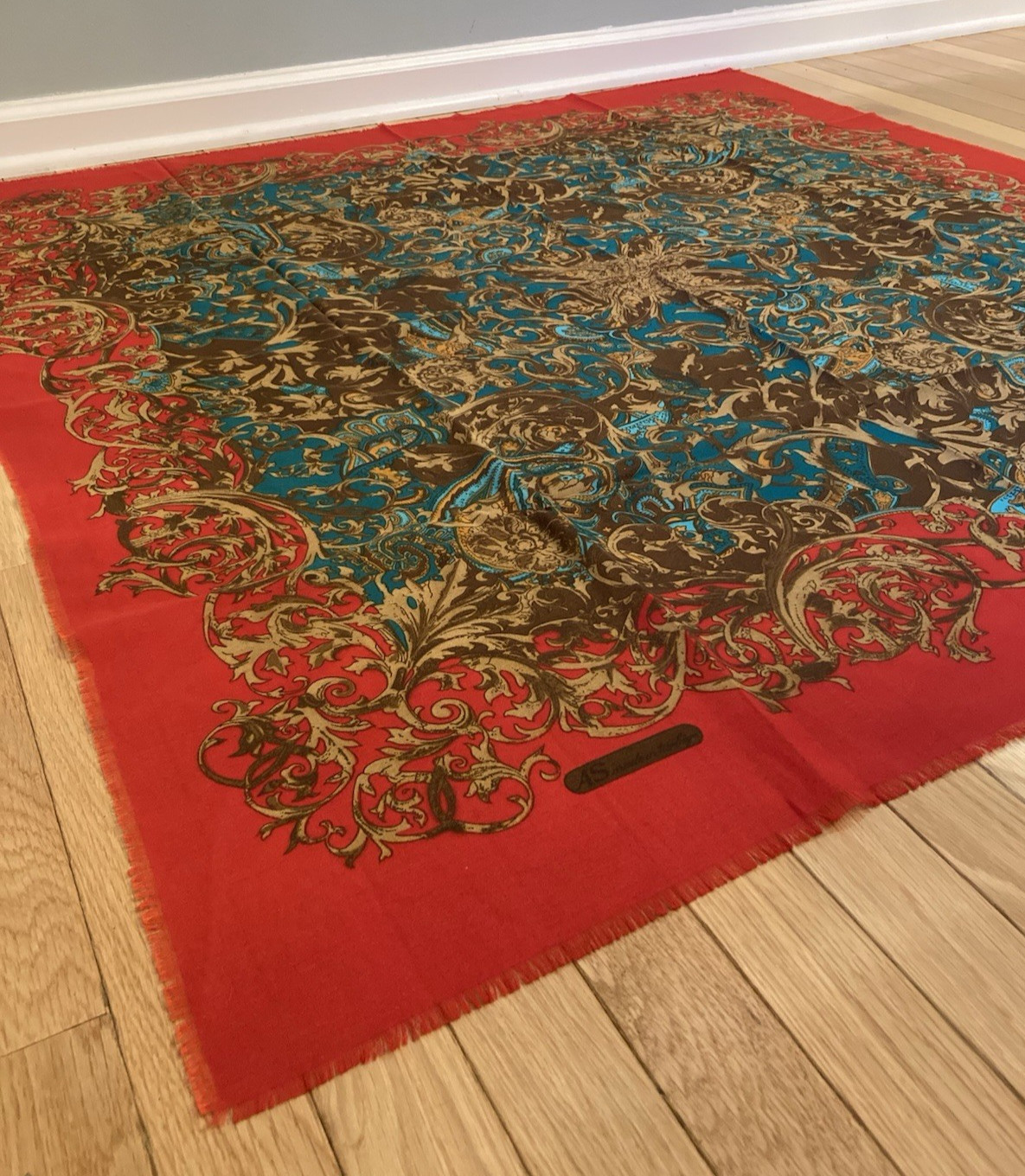 Vintage AS Made in Turkiye Scarf Shawl 46″ Square Red Blue Baroque Floral Large