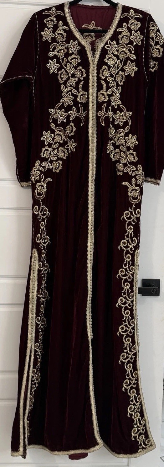 Preowned Moroccan Velvet Caftan with Genuine Jewels, Handcrafted, With Belt