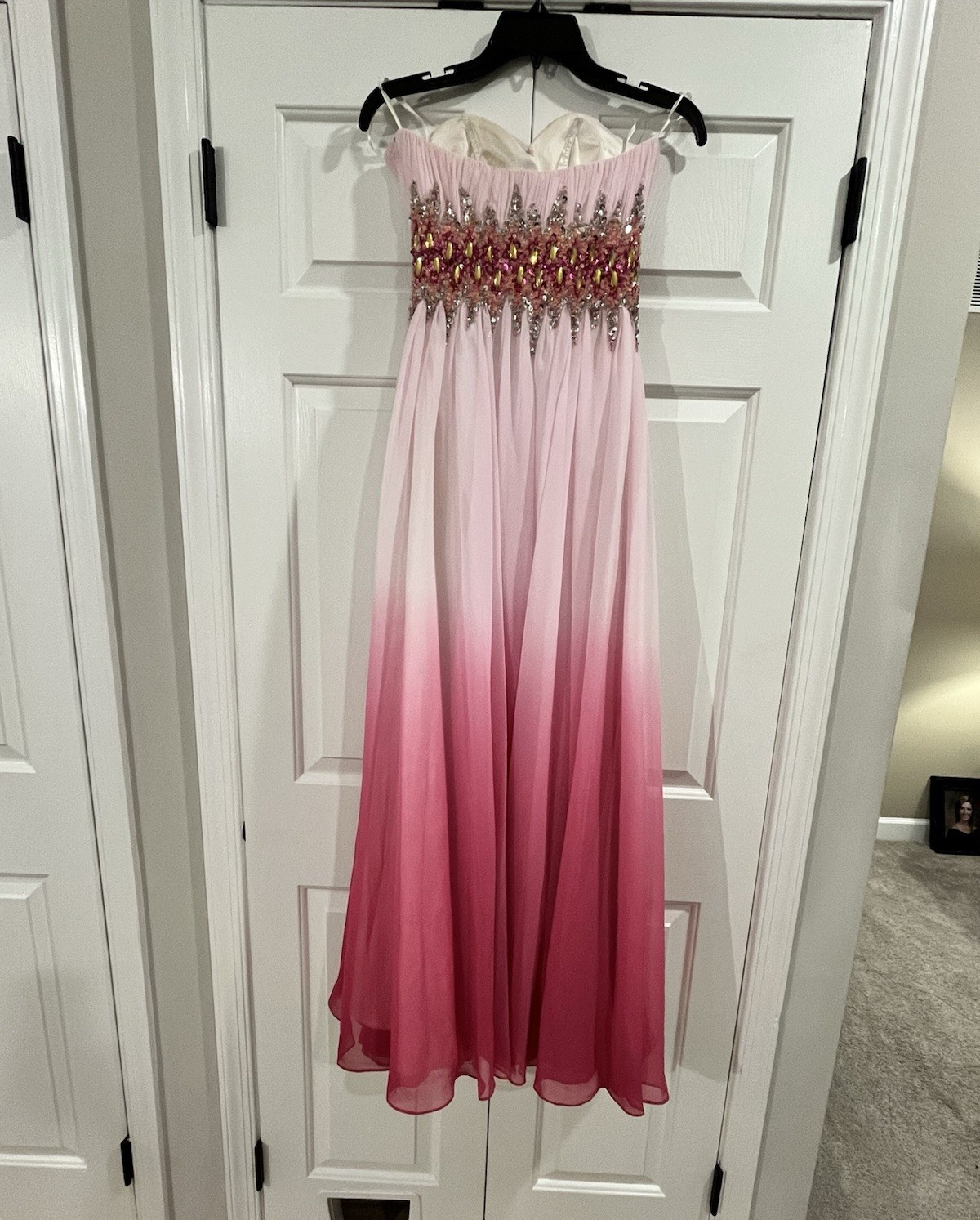 Women’s S Pink Ombre Strapless Sweetheart Long Formal Gown Beaded Sequin